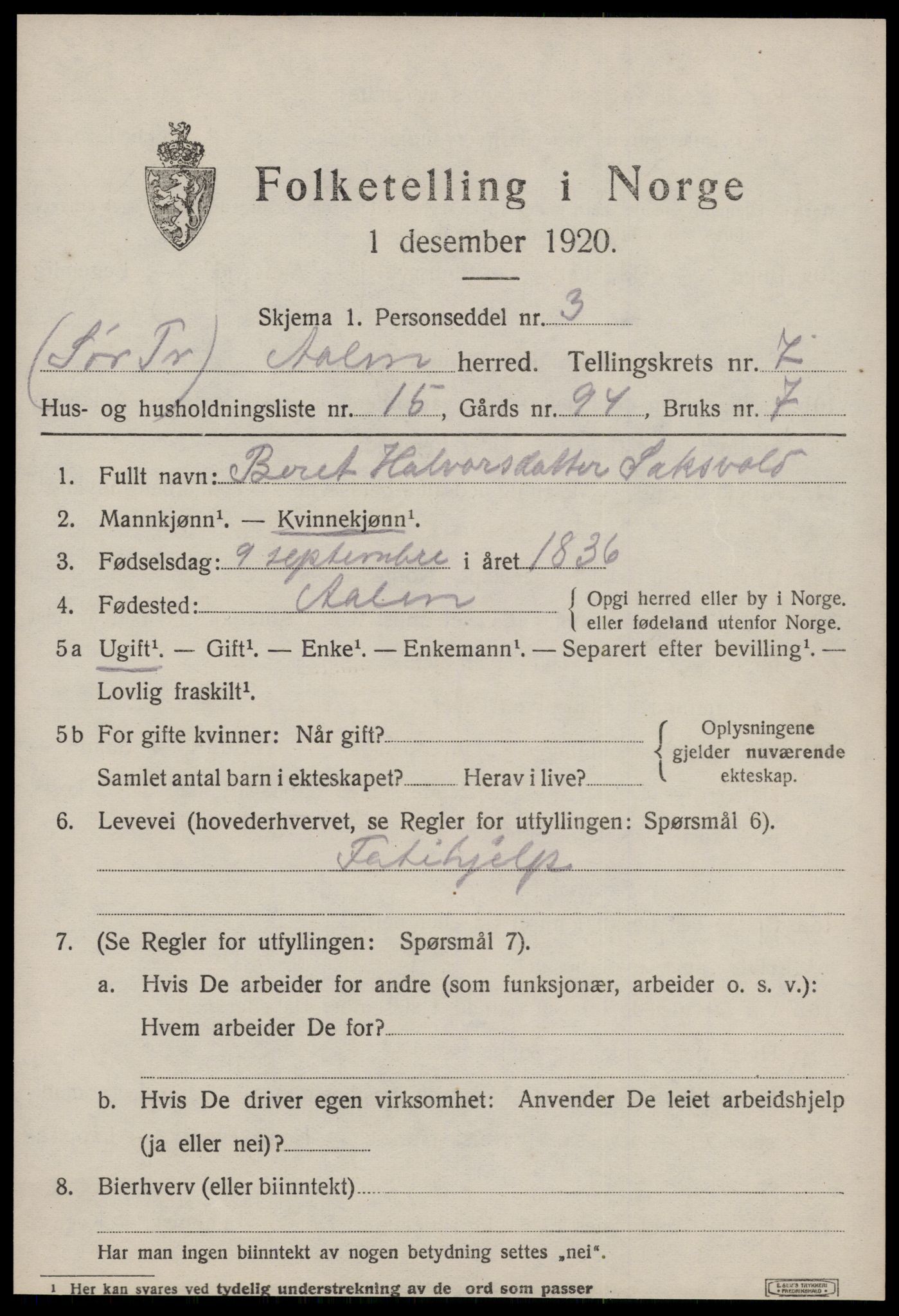 SAT, 1920 census for Ålen, 1920, p. 3588