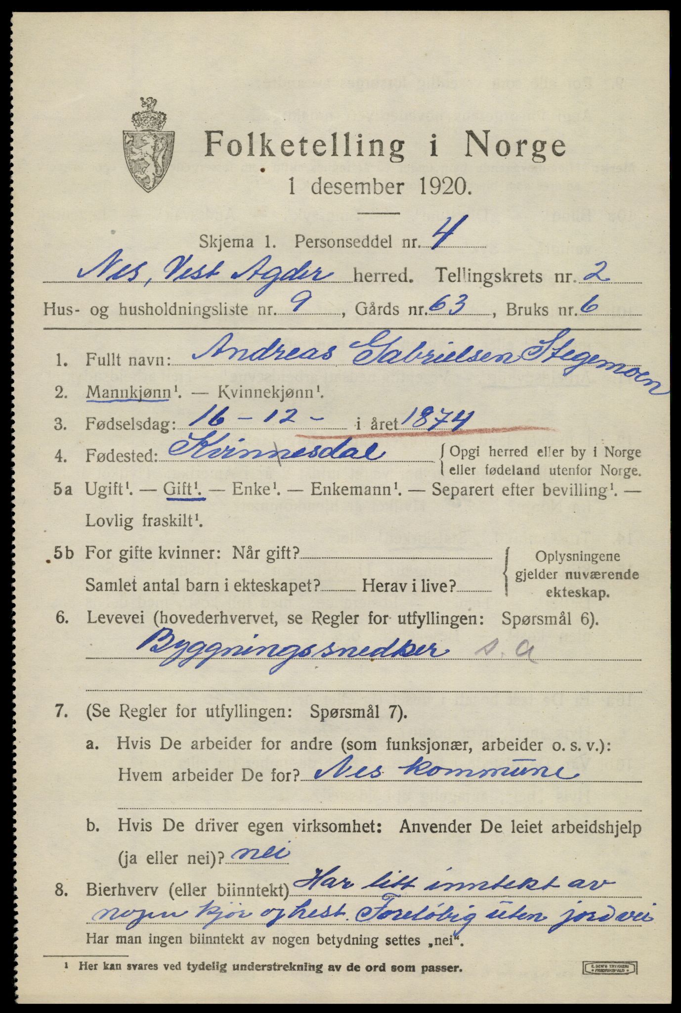 SAK, 1920 census for Nes (V-A), 1920, p. 1480