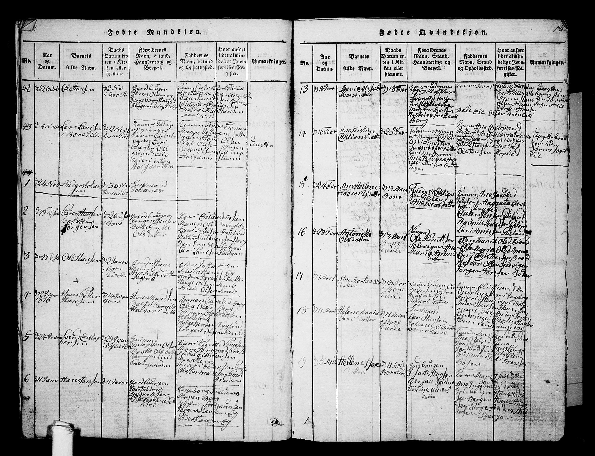 Borre kirkebøker, SAKO/A-338/G/Ga/L0001: Parish register (copy) no. I 1, 1815-1851, p. 12-13