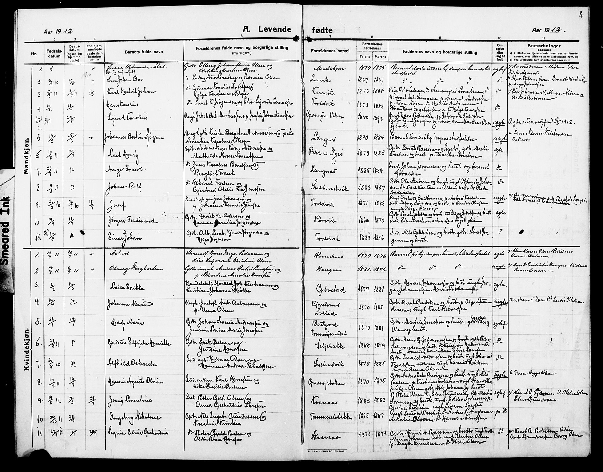 Lenvik sokneprestembete, AV/SATØ-S-1310/H/Ha/Hab/L0009klokker: Parish register (copy) no. 9, 1912-1926, p. 4