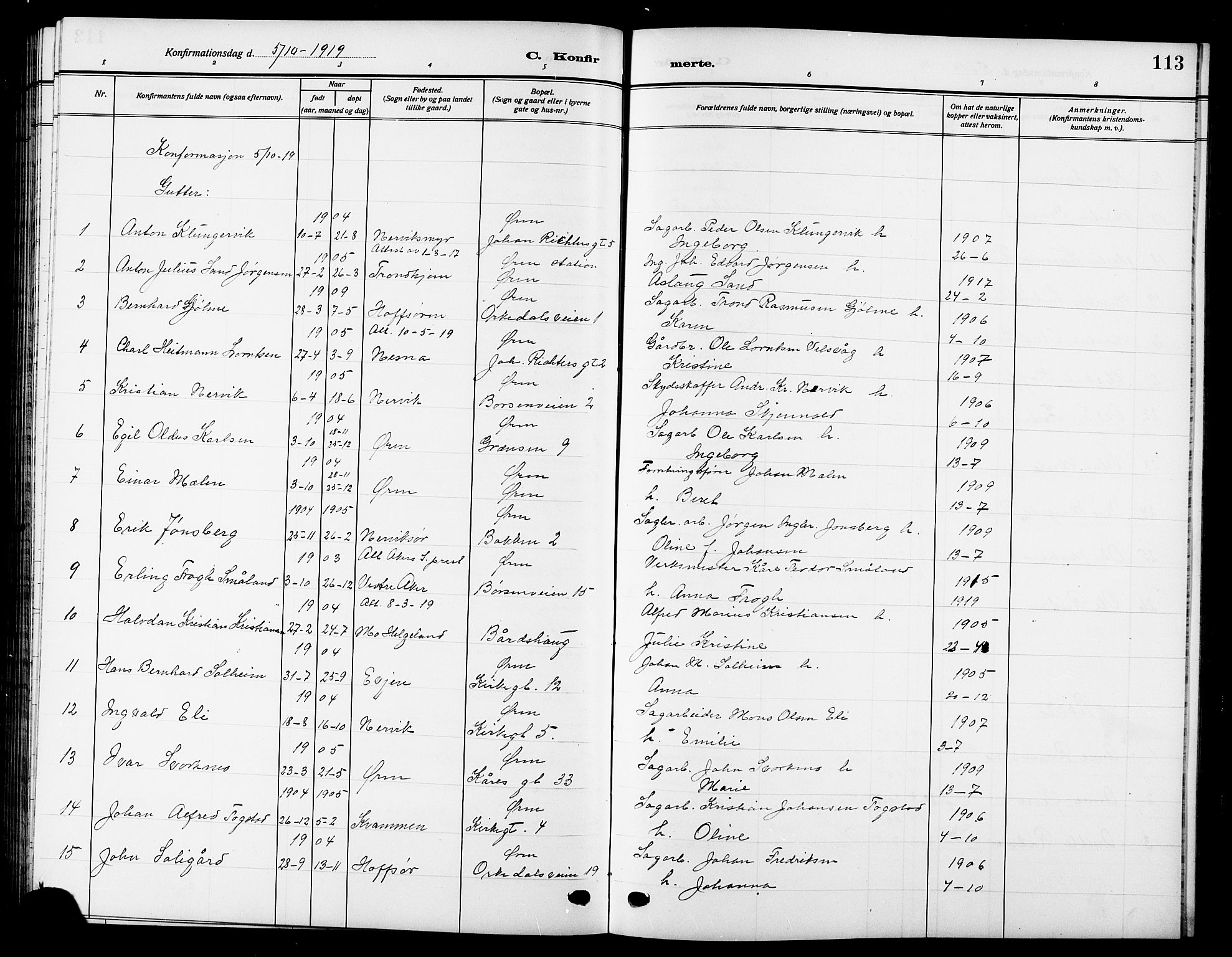 Ministerialprotokoller, klokkerbøker og fødselsregistre - Sør-Trøndelag, SAT/A-1456/669/L0831: Parish register (copy) no. 669C01, 1909-1924, p. 113