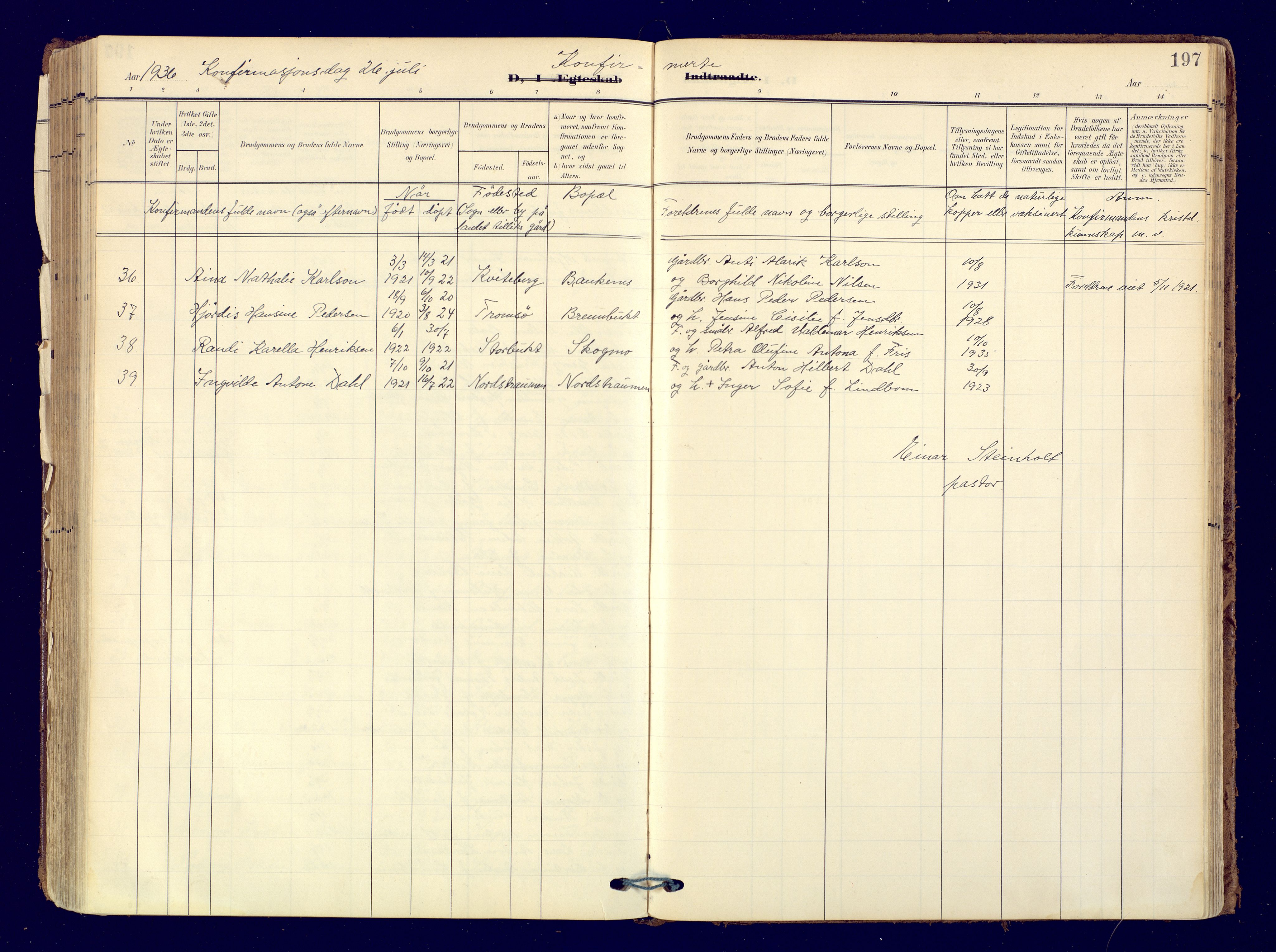 Skjervøy sokneprestkontor, AV/SATØ-S-1300/H/Ha/Haa: Parish register (official) no. 19, 1908-1936, p. 197