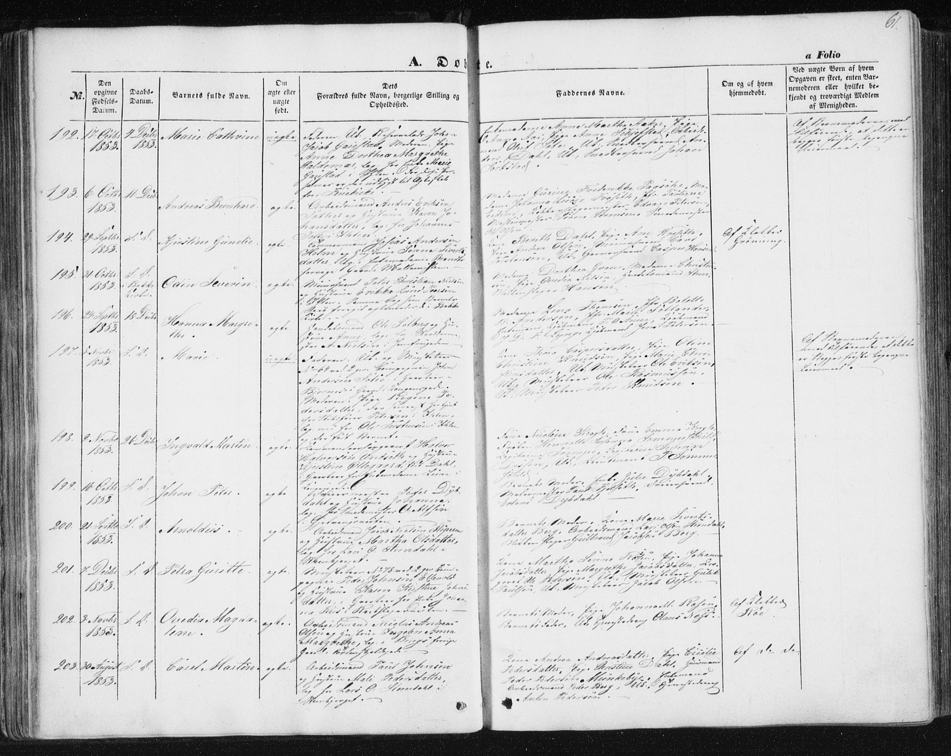 Ministerialprotokoller, klokkerbøker og fødselsregistre - Sør-Trøndelag, SAT/A-1456/602/L0112: Parish register (official) no. 602A10, 1848-1859, p. 61