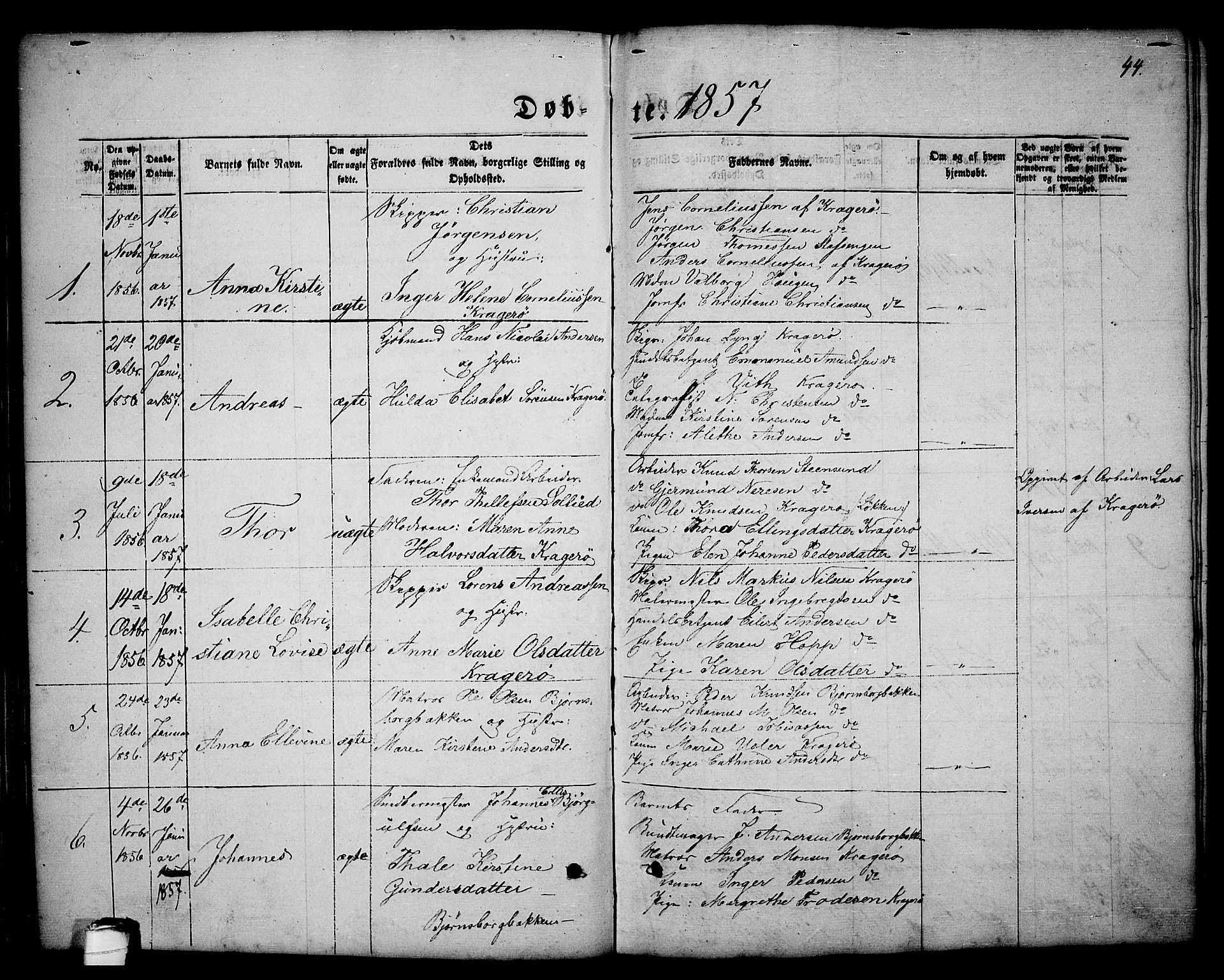 Kragerø kirkebøker, SAKO/A-278/G/Ga/L0004: Parish register (copy) no. 4, 1853-1865, p. 44