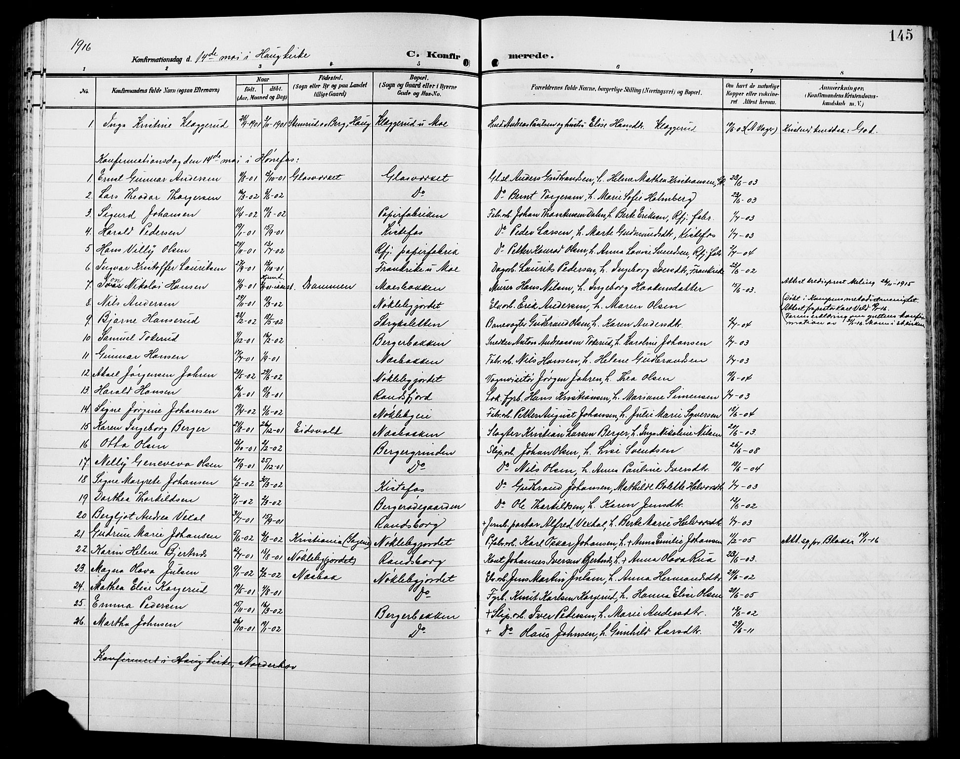 Jevnaker prestekontor, SAH/PREST-116/H/Ha/Hab/L0004: Parish register (copy) no. 4, 1907-1918, p. 145
