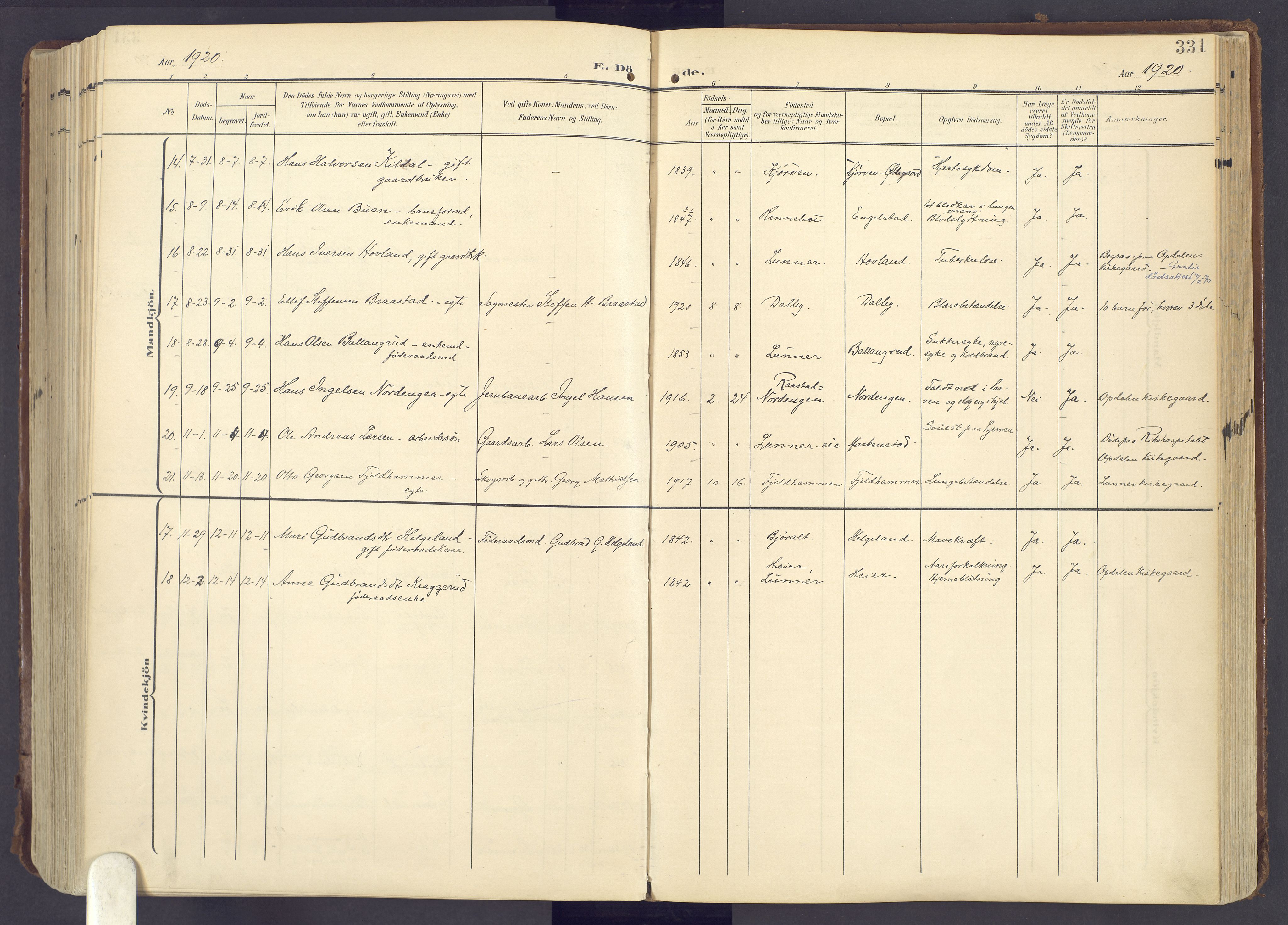 Lunner prestekontor, AV/SAH-PREST-118/H/Ha/Haa/L0001: Parish register (official) no. 1, 1907-1922, p. 331