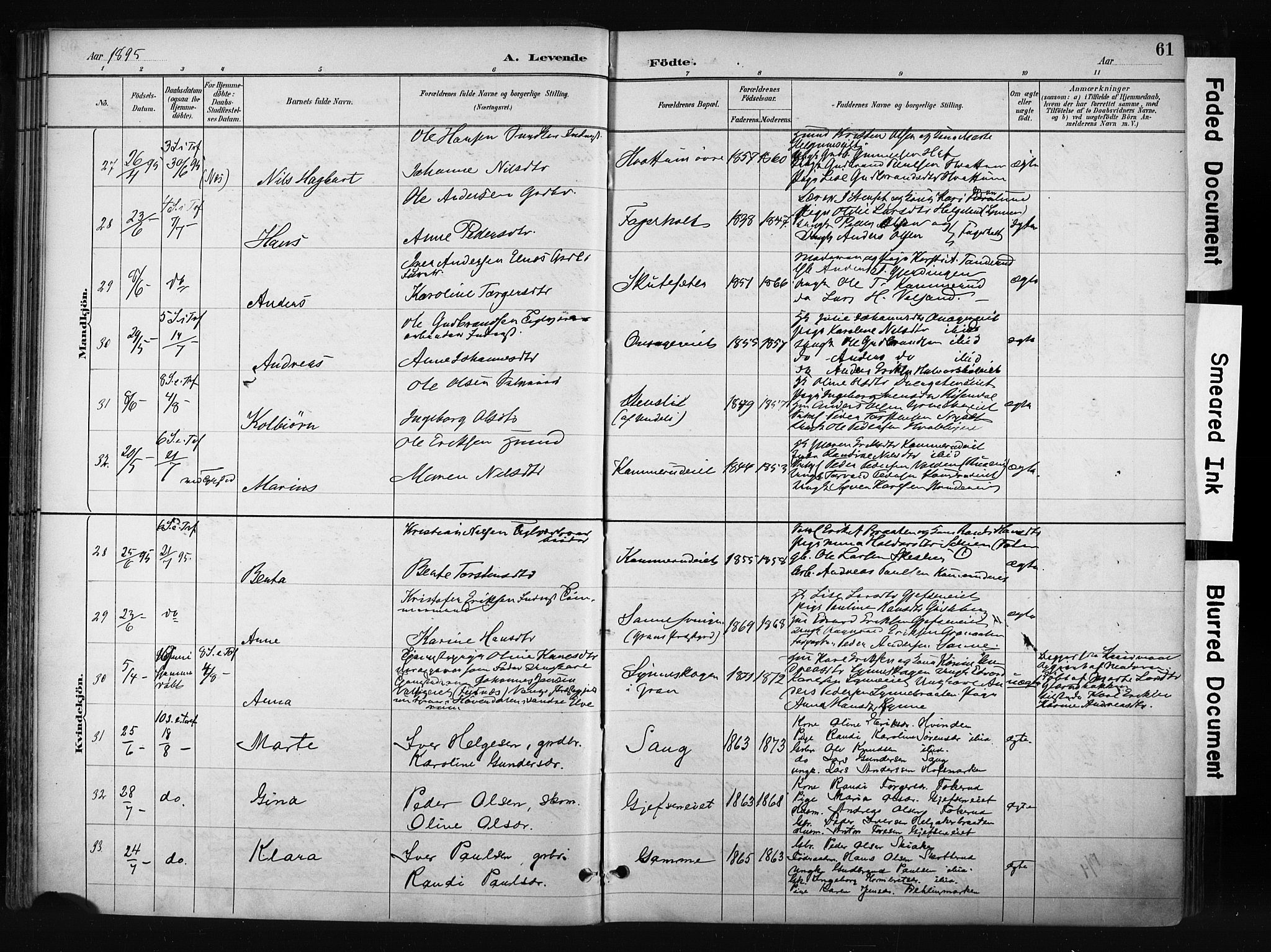 Gran prestekontor, SAH/PREST-112/H/Ha/Haa/L0017: Parish register (official) no. 17, 1889-1897, p. 61