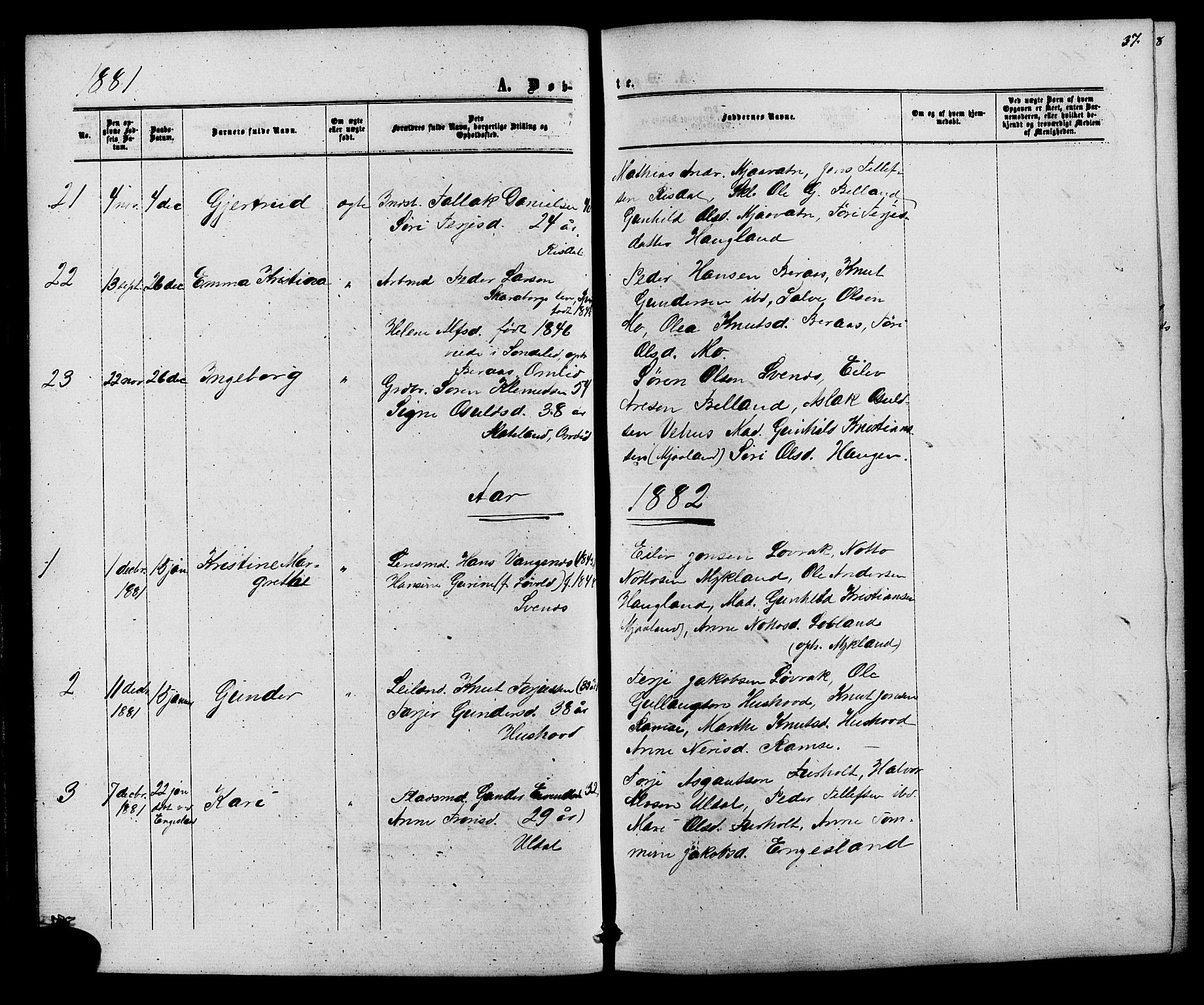 Herefoss sokneprestkontor, AV/SAK-1111-0019/F/Fb/Fbc/L0002: Parish register (copy) no. B 2, 1867-1886, p. 37