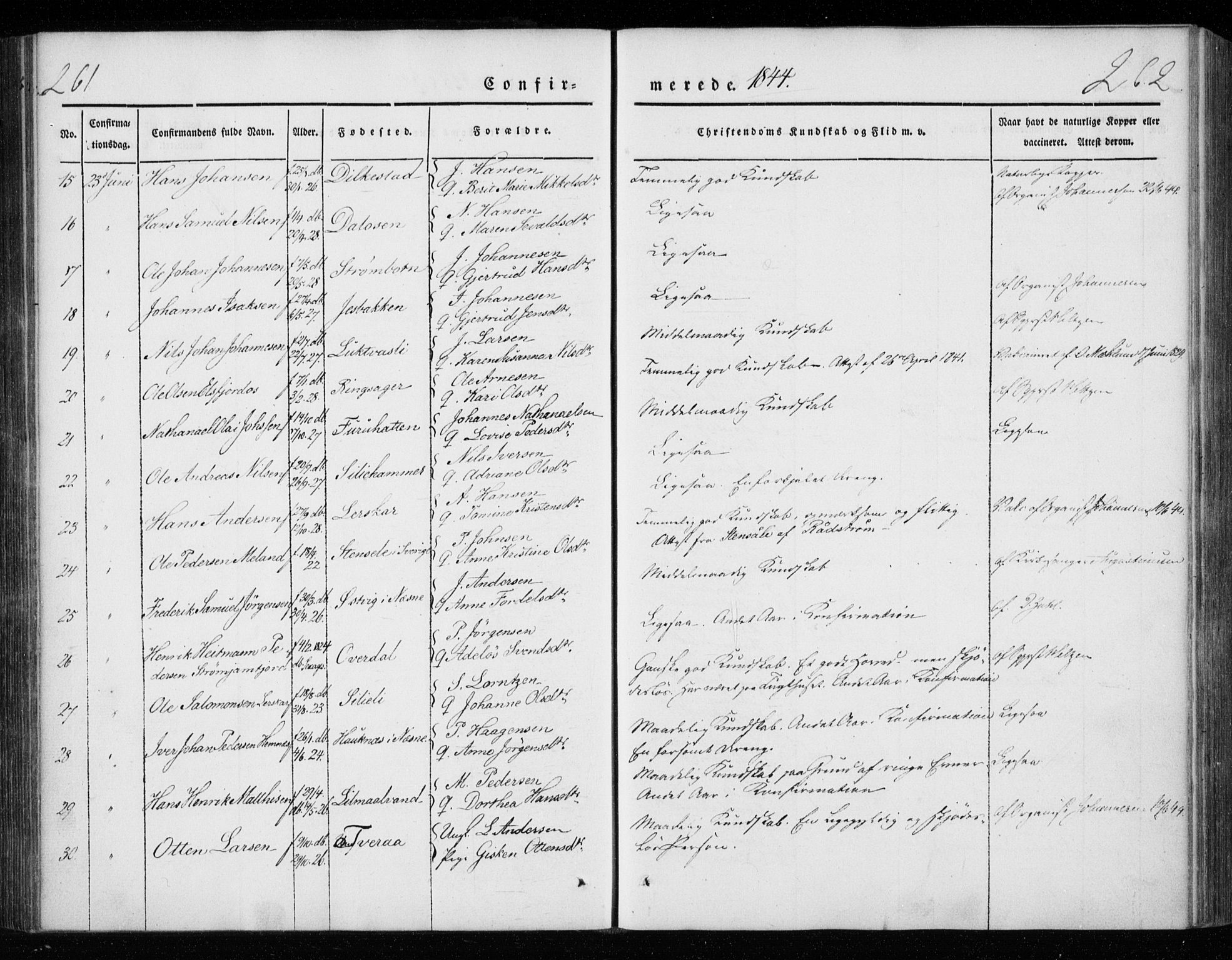 Ministerialprotokoller, klokkerbøker og fødselsregistre - Nordland, AV/SAT-A-1459/825/L0355: Parish register (official) no. 825A09, 1842-1863, p. 261-262