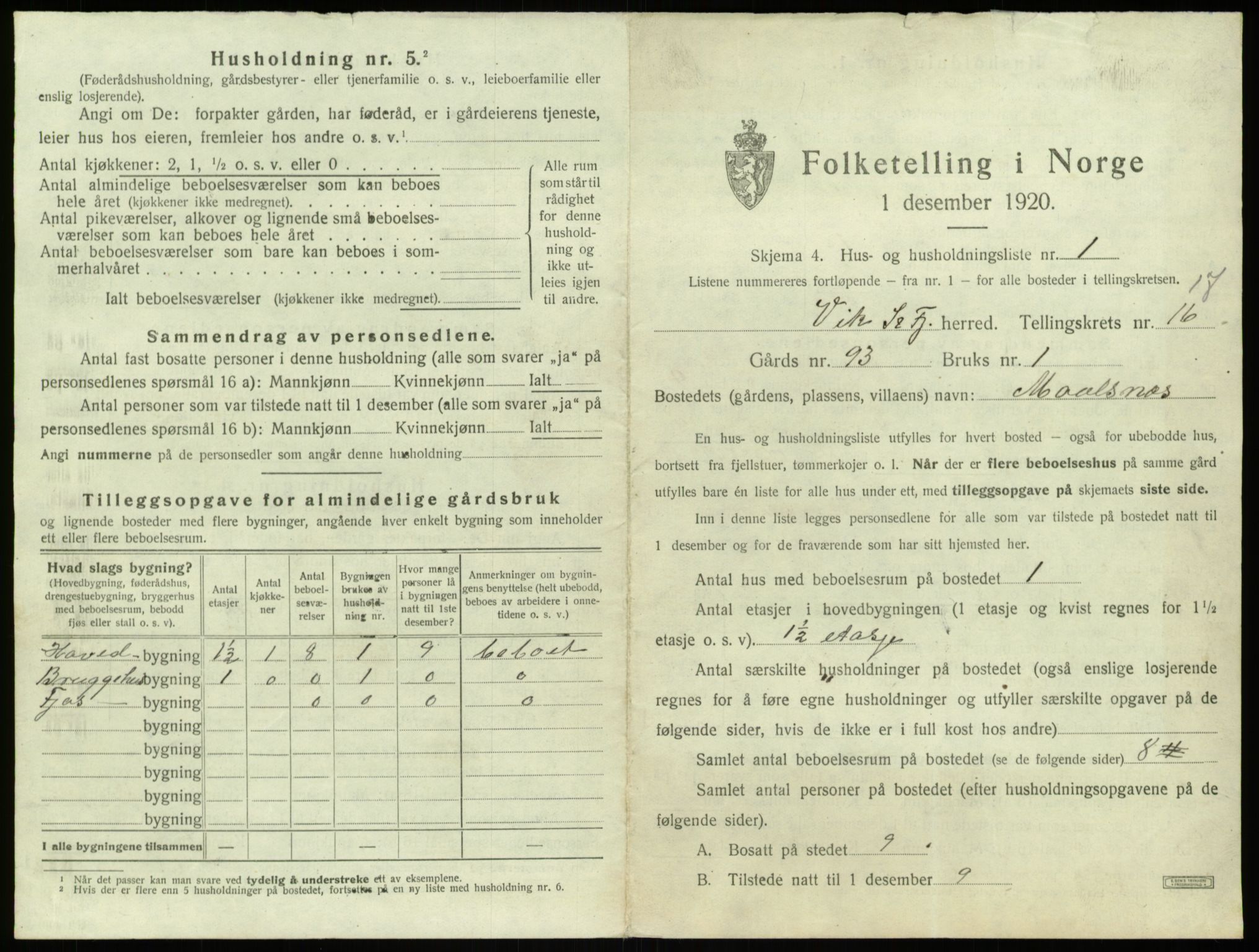 SAB, 1920 census for Vik, 1920, p. 1289