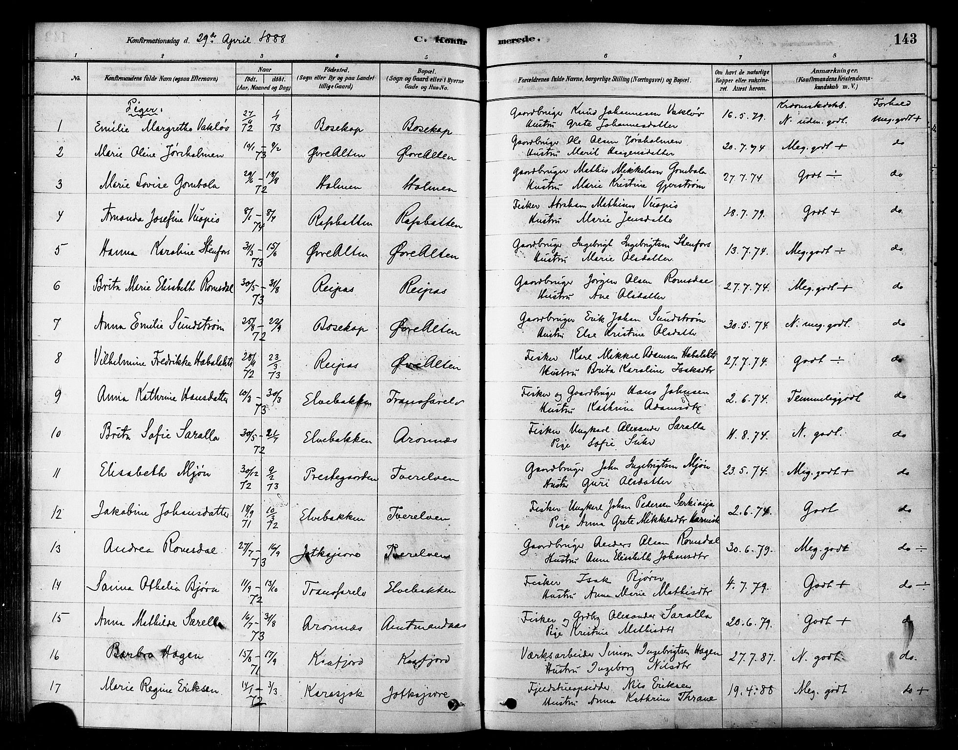 Alta sokneprestkontor, SATØ/S-1338/H/Ha/L0002.kirke: Parish register (official) no. 2, 1879-1892, p. 143