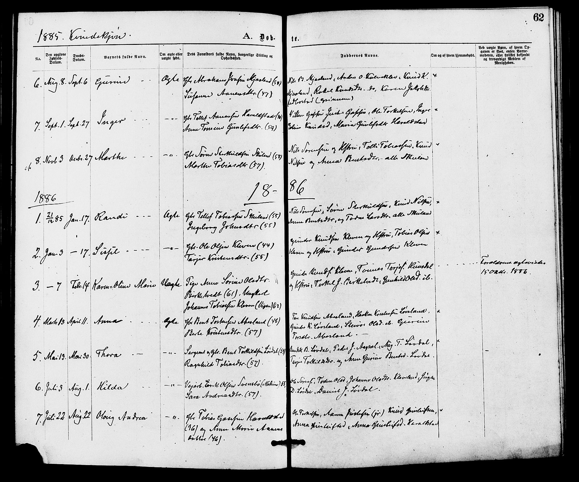 Holum sokneprestkontor, AV/SAK-1111-0022/F/Fa/Fab/L0006: Parish register (official) no. A 6, 1875-1886, p. 62