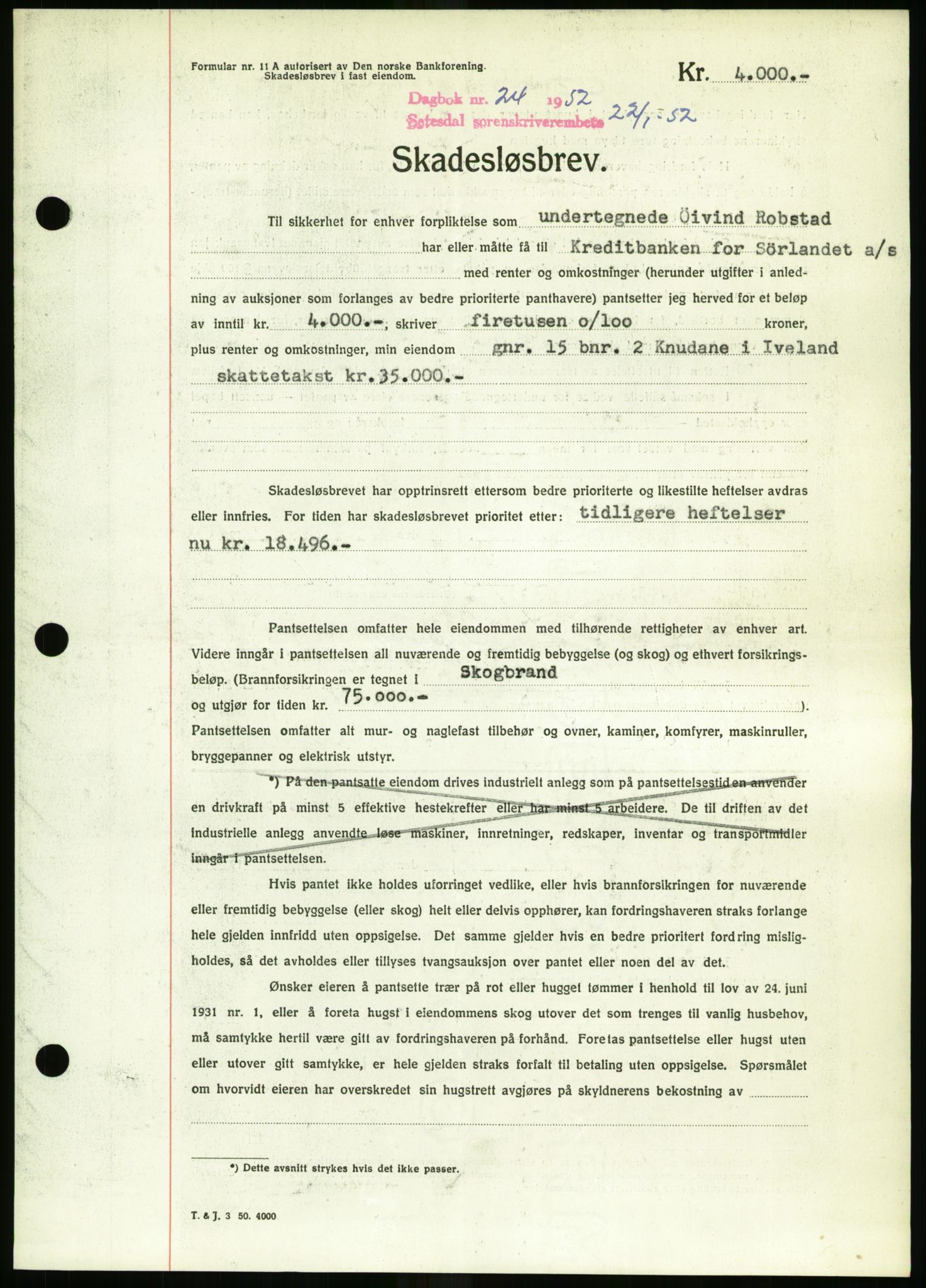 Setesdal sorenskriveri, SAK/1221-0011/G/Gb/L0050: Mortgage book no. B 38, 1949-1952, Diary no: : 24/1952