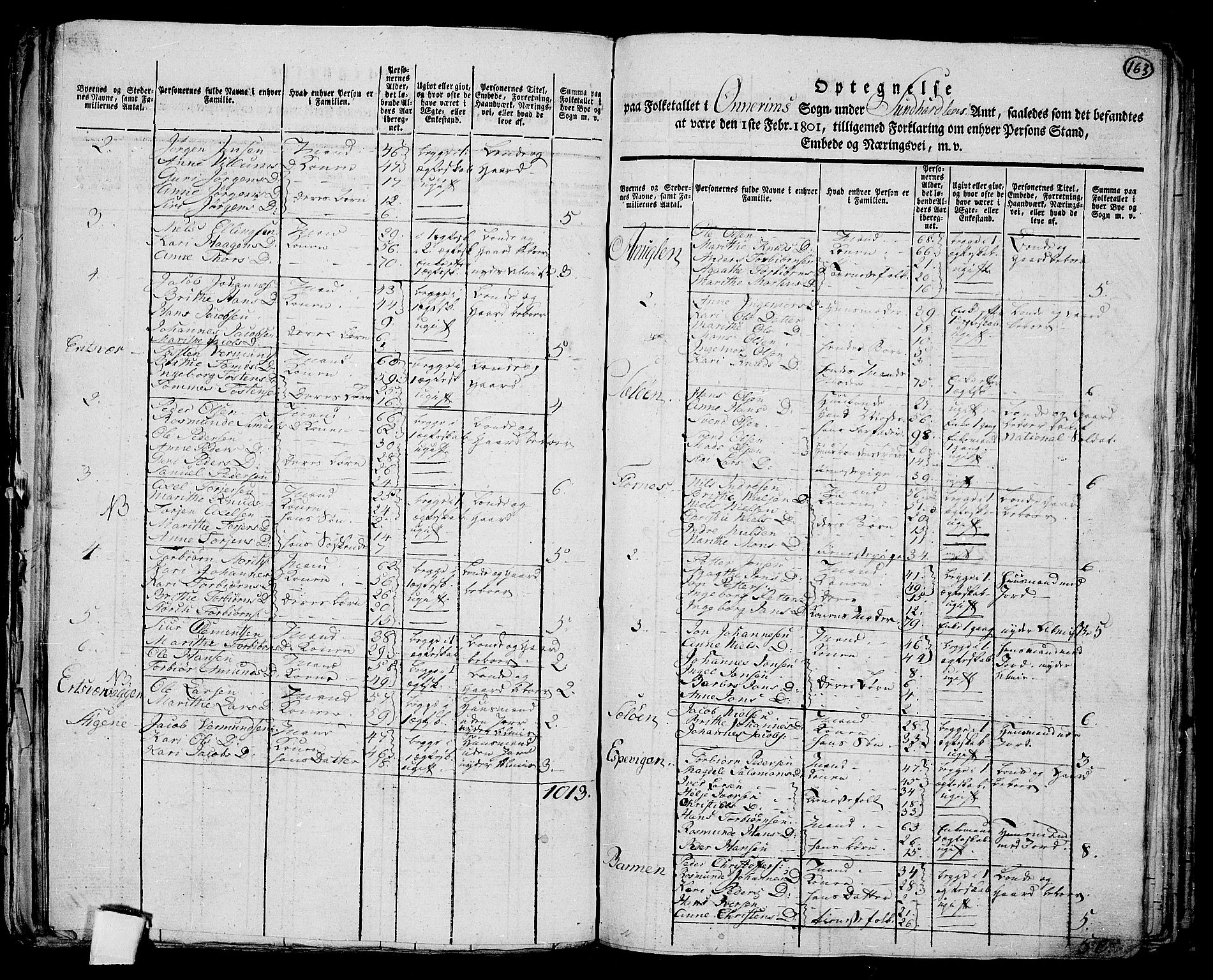 RA, 1801 census for 1223P Tysnes, 1801, p. 162b-163a
