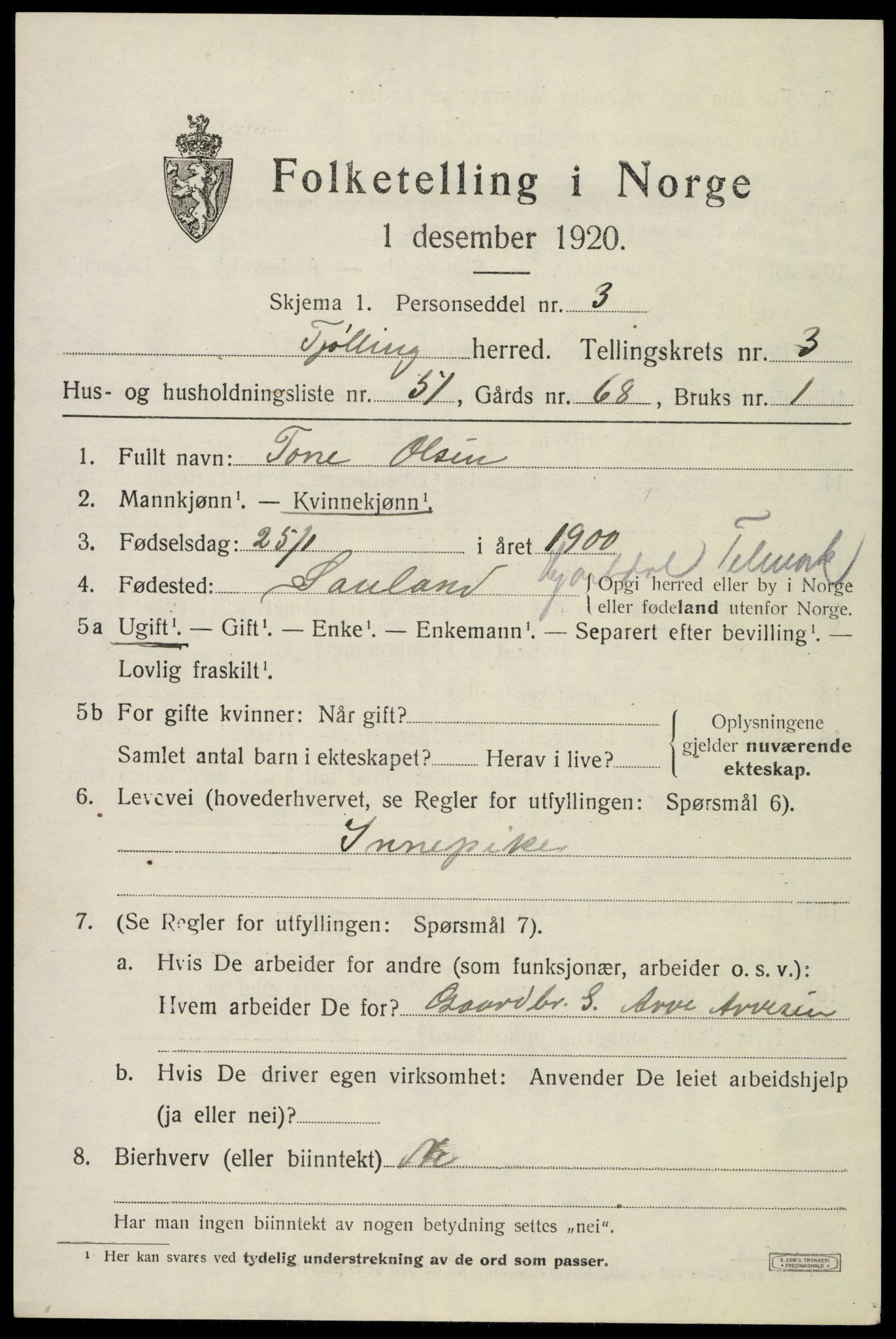 SAKO, 1920 census for Tjølling, 1920, p. 7487