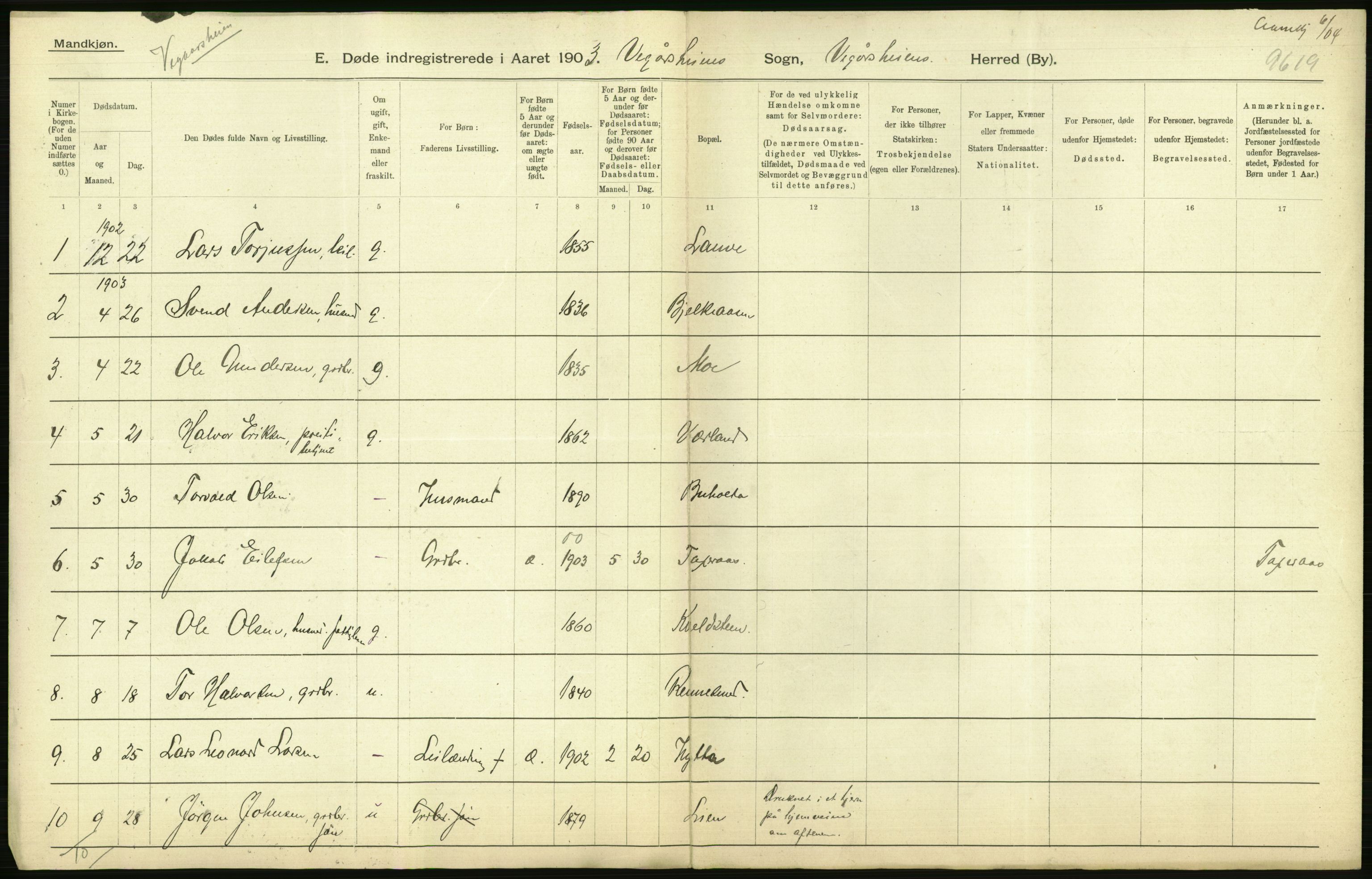 Statistisk sentralbyrå, Sosiodemografiske emner, Befolkning, AV/RA-S-2228/D/Df/Dfa/Dfaa/L0010: Nedenes amt: Fødte, gifte, døde, 1903, p. 362