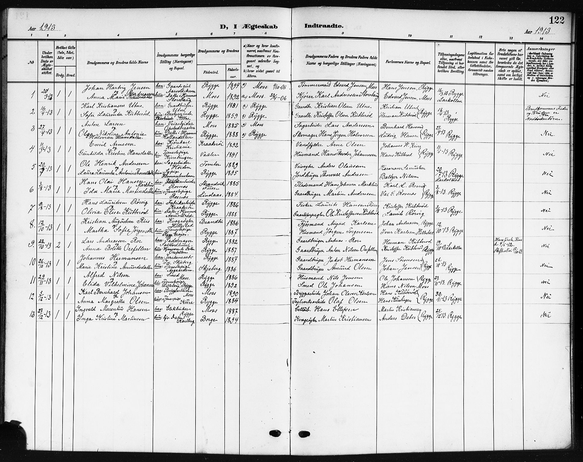 Rygge prestekontor Kirkebøker, AV/SAO-A-10084b/G/Ga/L0003: Parish register (copy) no. 3, 1906-1921, p. 122