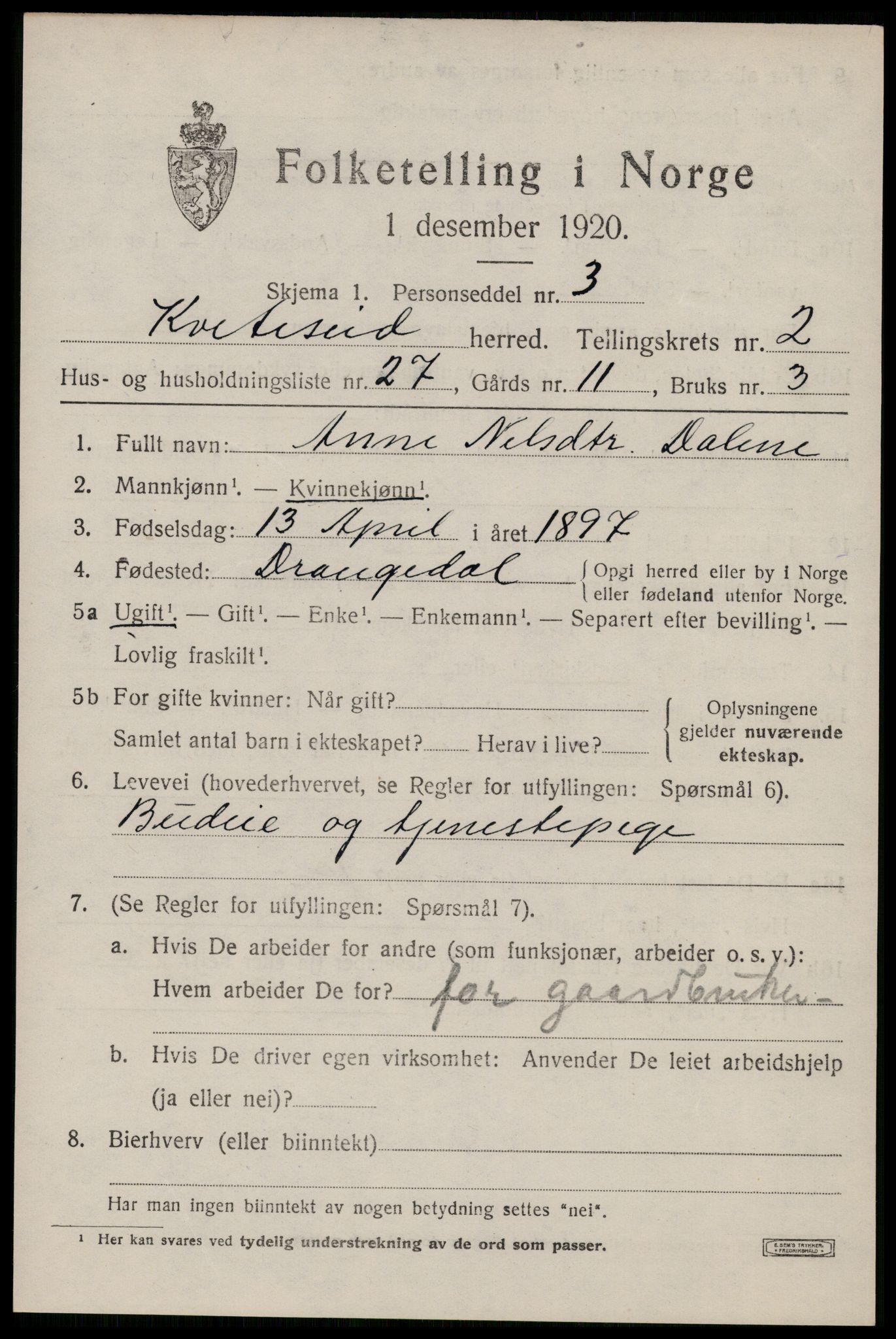 SAKO, 1920 census for Kviteseid, 1920, p. 2335