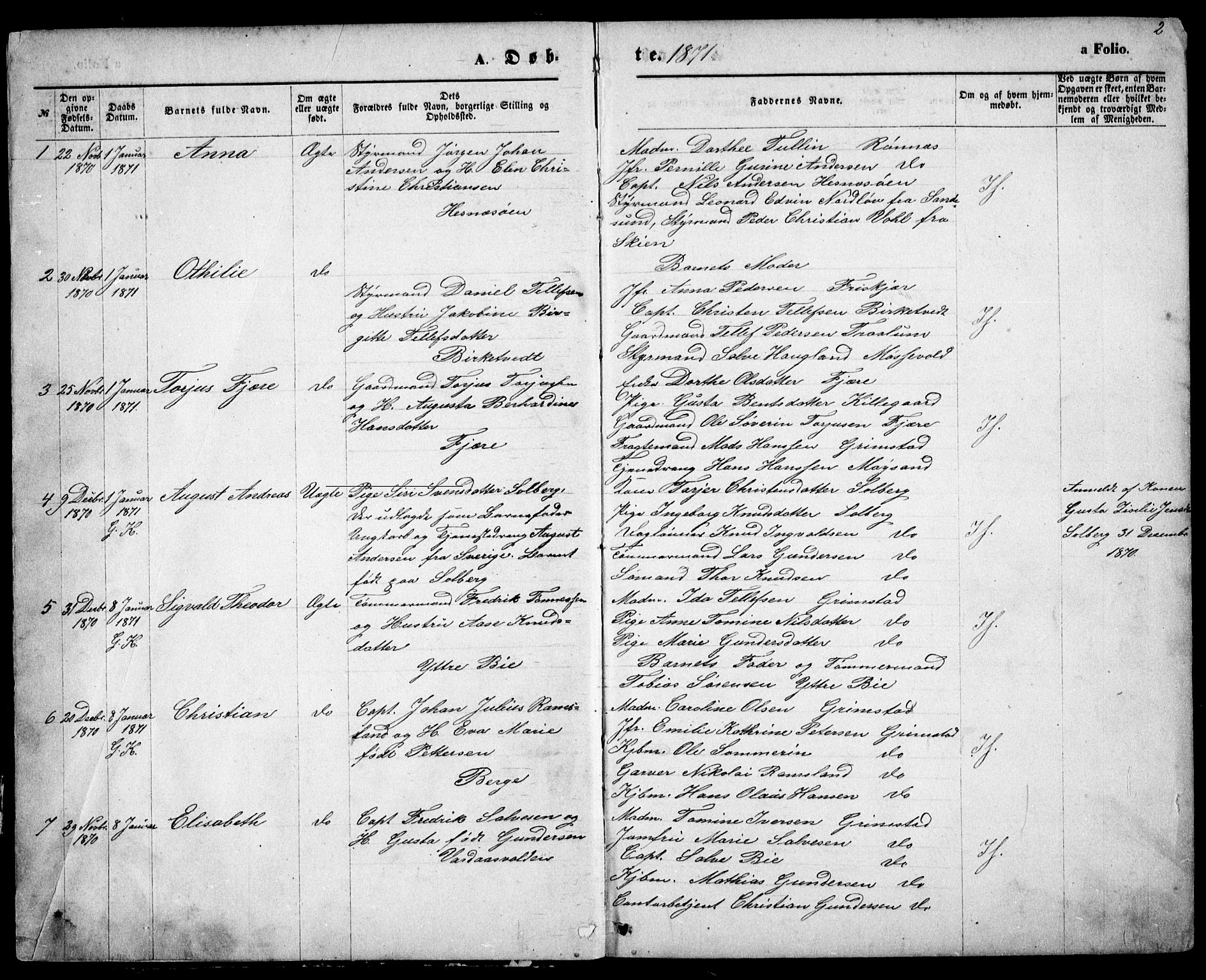 Fjære sokneprestkontor, SAK/1111-0011/F/Fb/L0010: Parish register (copy) no. B 10, 1871-1880, p. 2