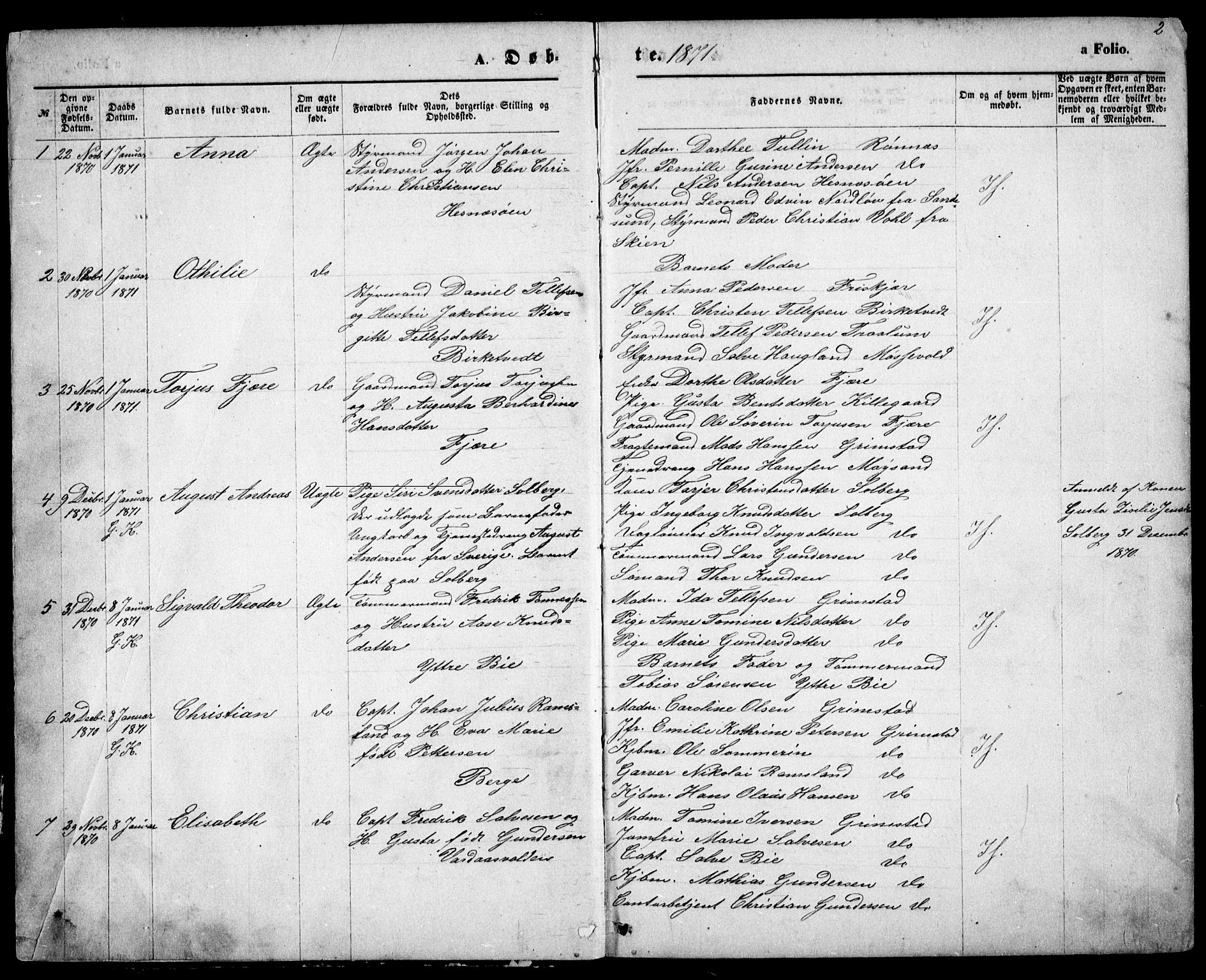 Fjære sokneprestkontor, AV/SAK-1111-0011/F/Fb/L0010: Parish register (copy) no. B 10, 1871-1880, p. 2