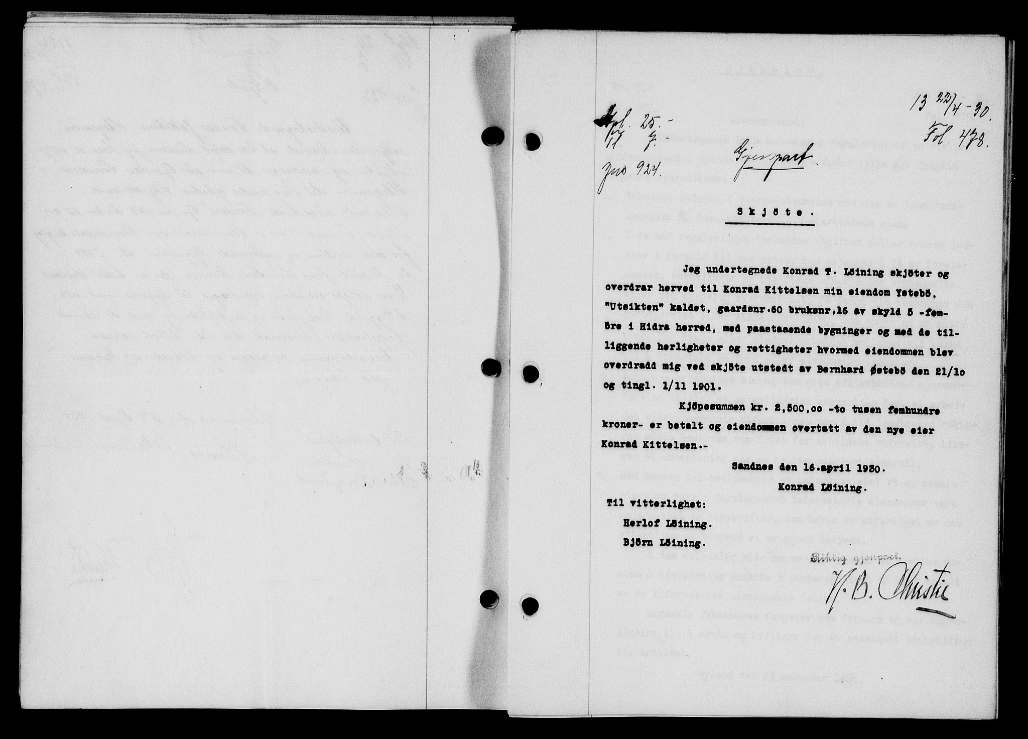 Flekkefjord sorenskriveri, SAK/1221-0001/G/Gb/Gba/L0045: Mortgage book no. 43, 1929-1930, Deed date: 22.04.1930