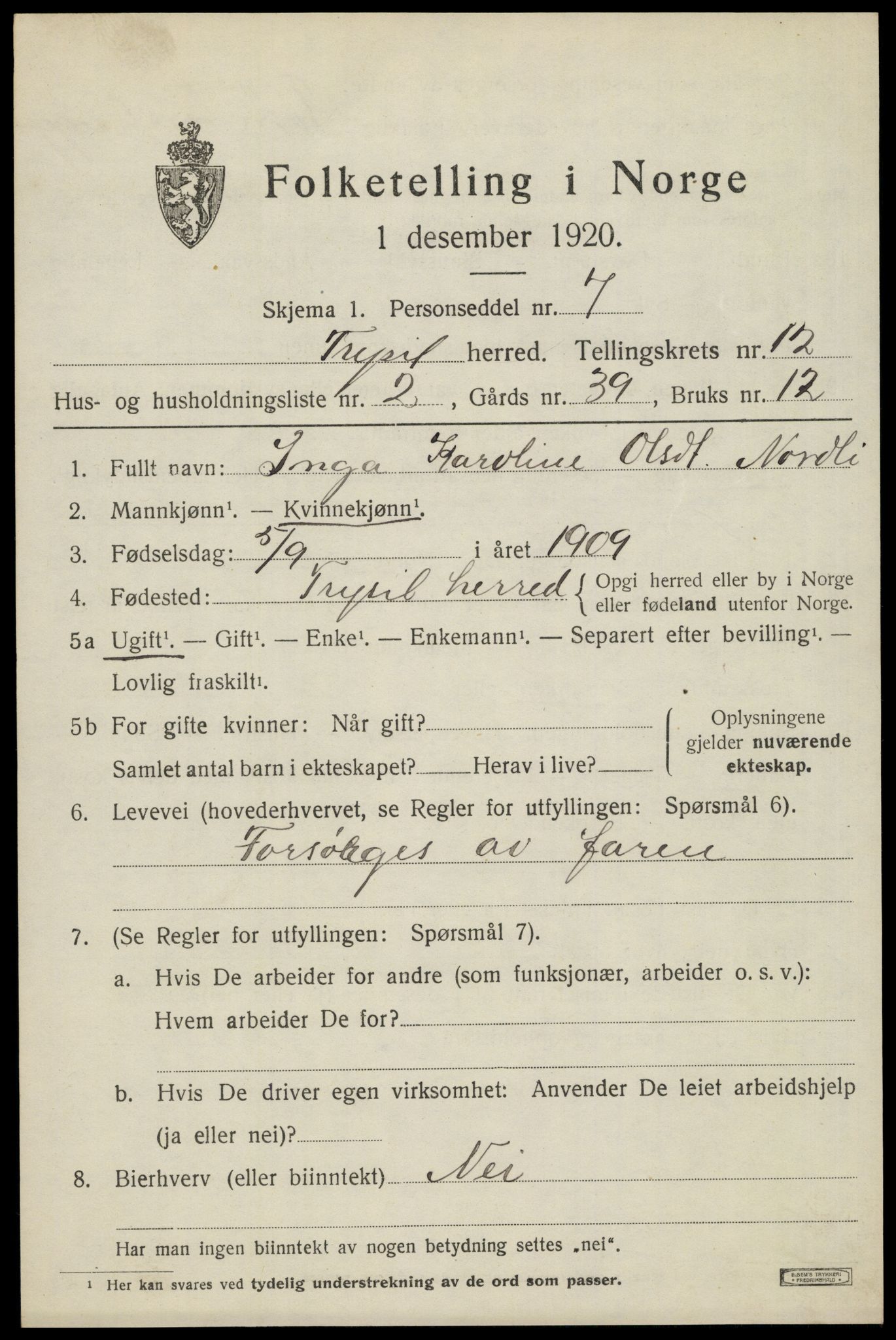 SAH, 1920 census for Trysil, 1920, p. 7137