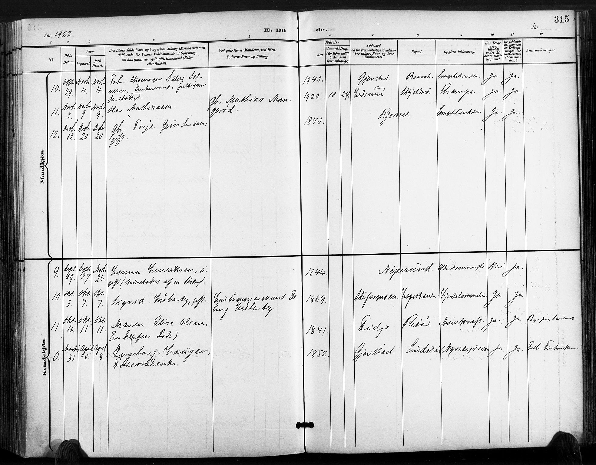 Søndeled sokneprestkontor, AV/SAK-1111-0038/F/Fa/L0006: Parish register (official) no. A 6, 1900-1922, p. 315