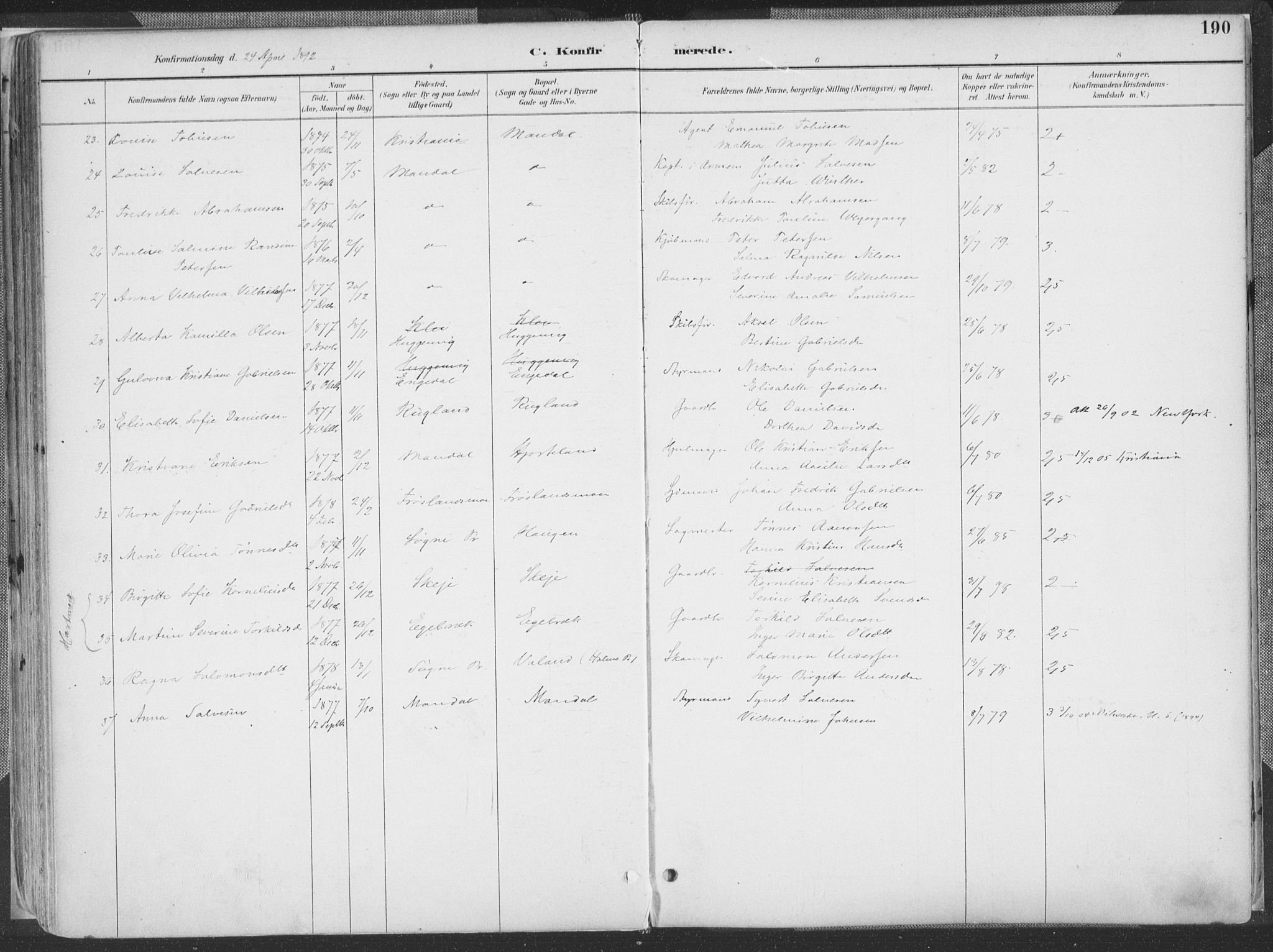 Mandal sokneprestkontor, AV/SAK-1111-0030/F/Fa/Faa/L0018: Parish register (official) no. A 18, 1890-1905, p. 190