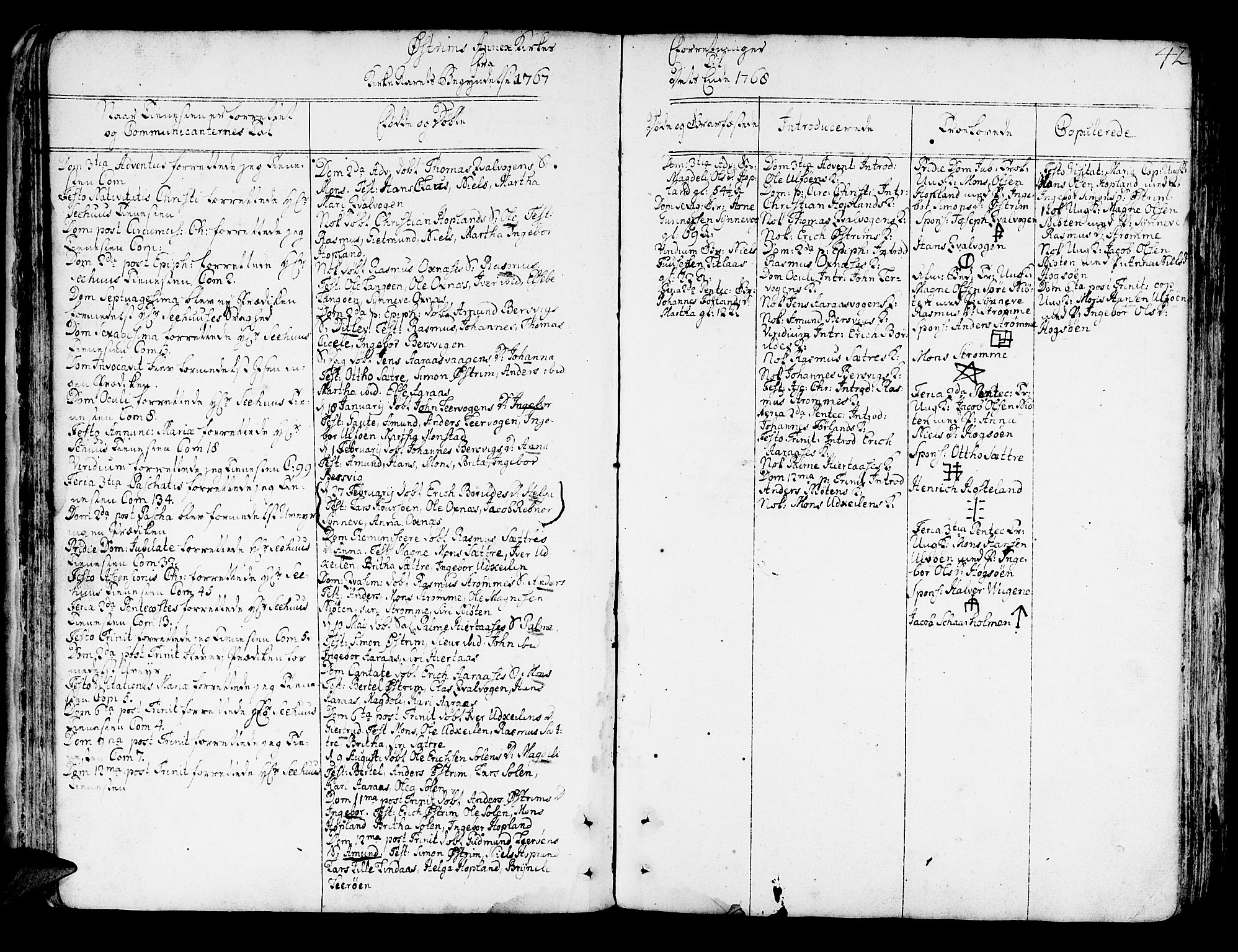 Lindås Sokneprestembete, AV/SAB-A-76701/H/Haa/Haaa/L0004: Parish register (official) no. A 4, 1764-1791, p. 42