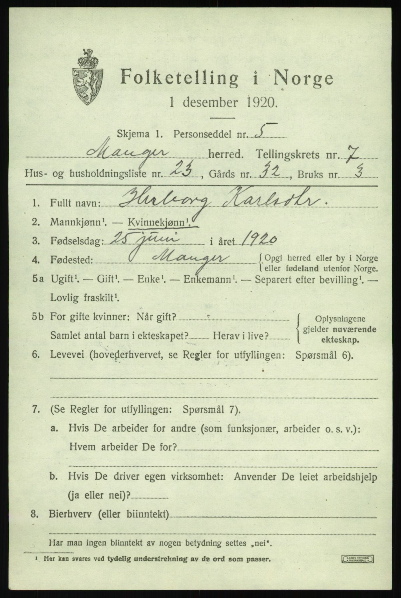 SAB, 1920 census for Manger, 1920, p. 4639