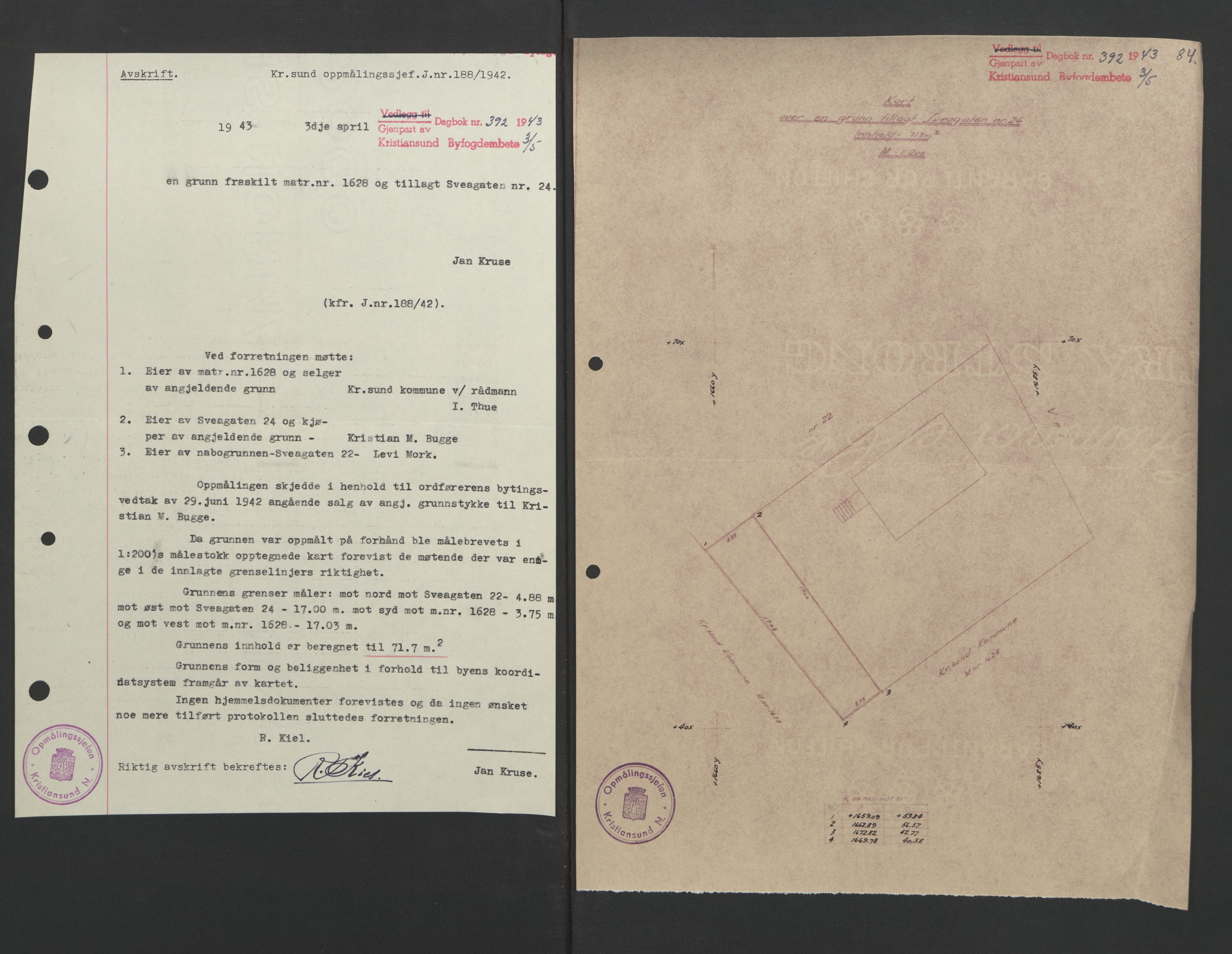 Kristiansund byfogd, AV/SAT-A-4587/A/27: Mortgage book no. 37, 1942-1945, Diary no: : 392/1943