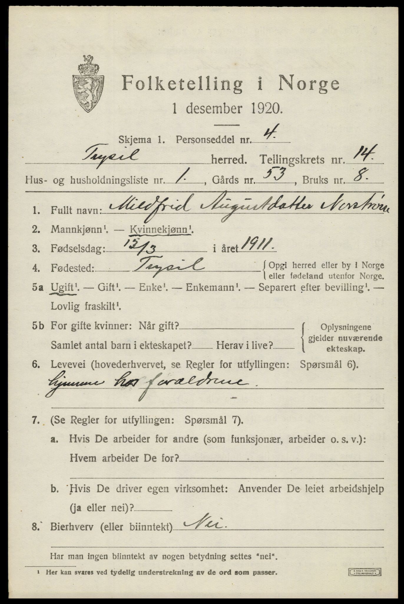 SAH, 1920 census for Trysil, 1920, p. 7871