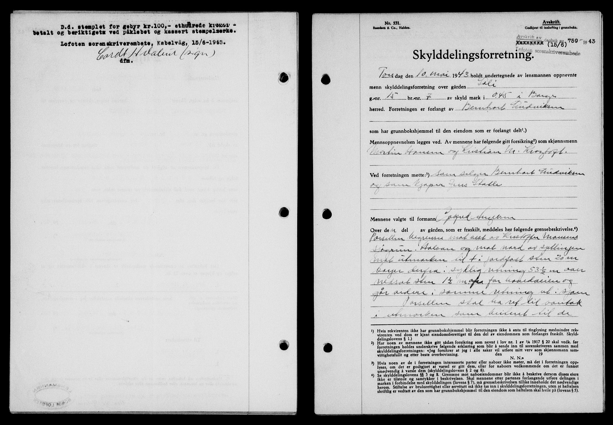 Lofoten sorenskriveri, SAT/A-0017/1/2/2C/L0011a: Mortgage book no. 11a, 1943-1943, Diary no: : 759/1943