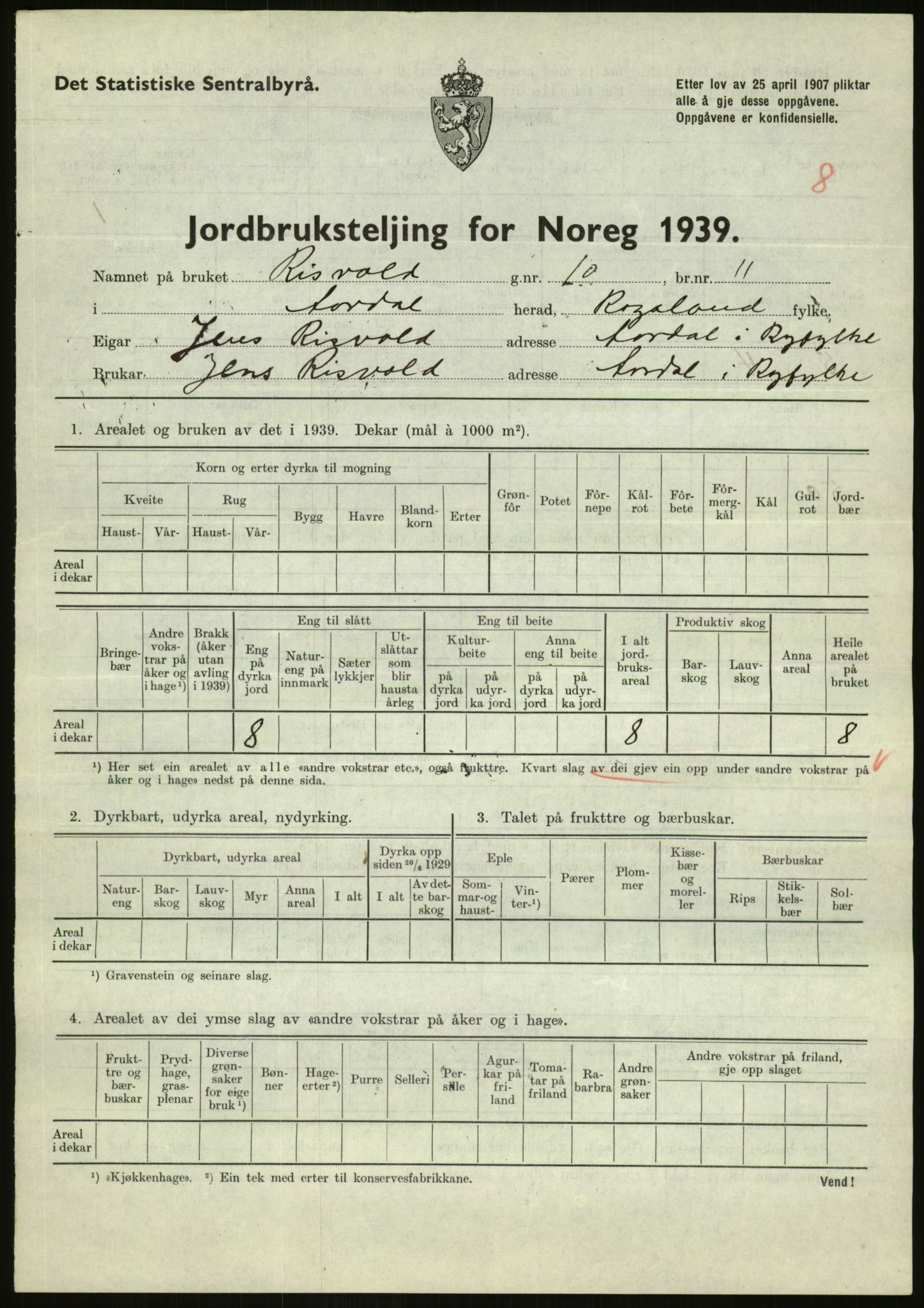 Statistisk sentralbyrå, Næringsøkonomiske emner, Jordbruk, skogbruk, jakt, fiske og fangst, AV/RA-S-2234/G/Gb/L0184: Rogaland: Årdal, Fister og Hjelmeland, 1939, p. 469