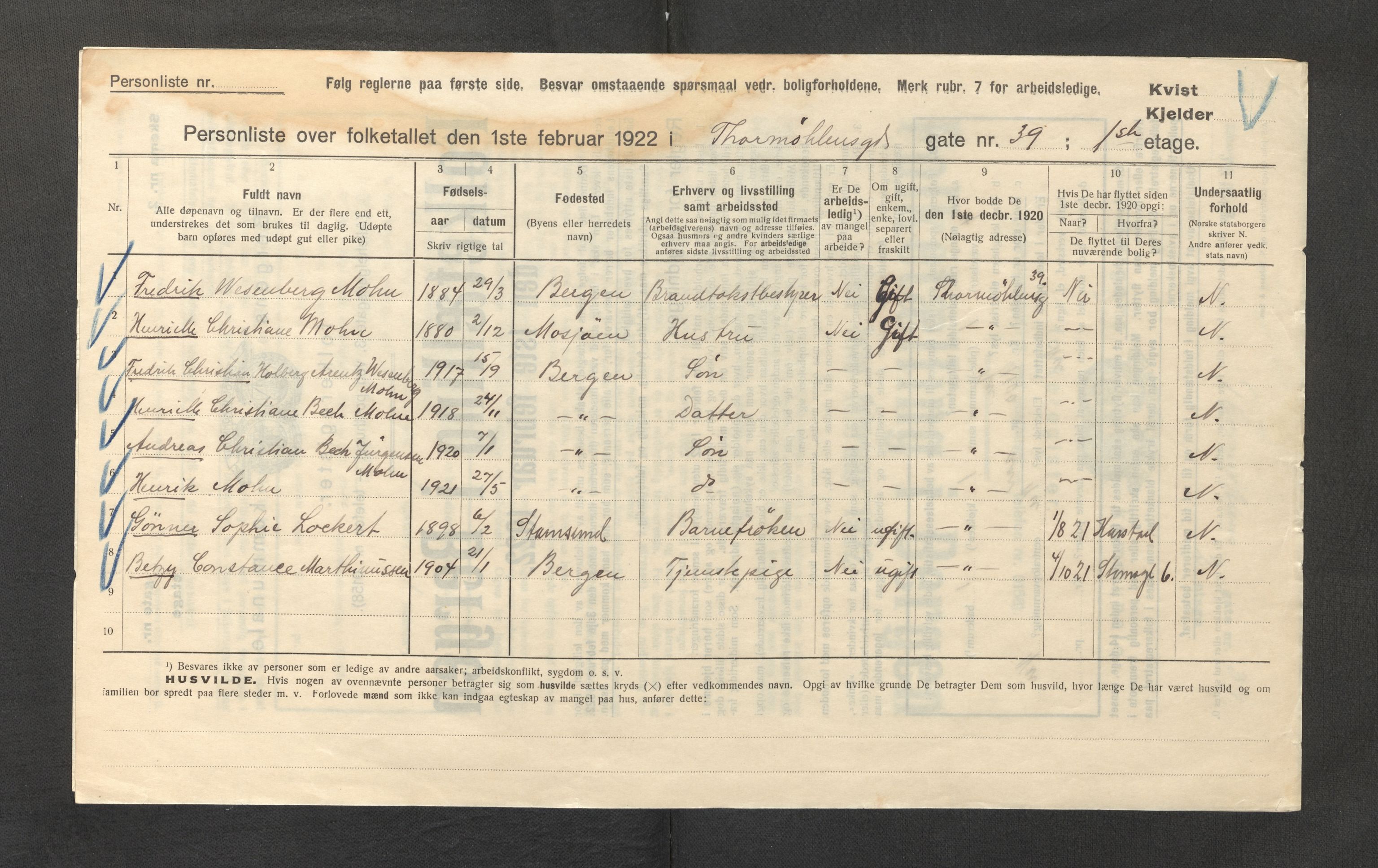 SAB, Municipal Census 1922 for Bergen, 1922, p. 43788