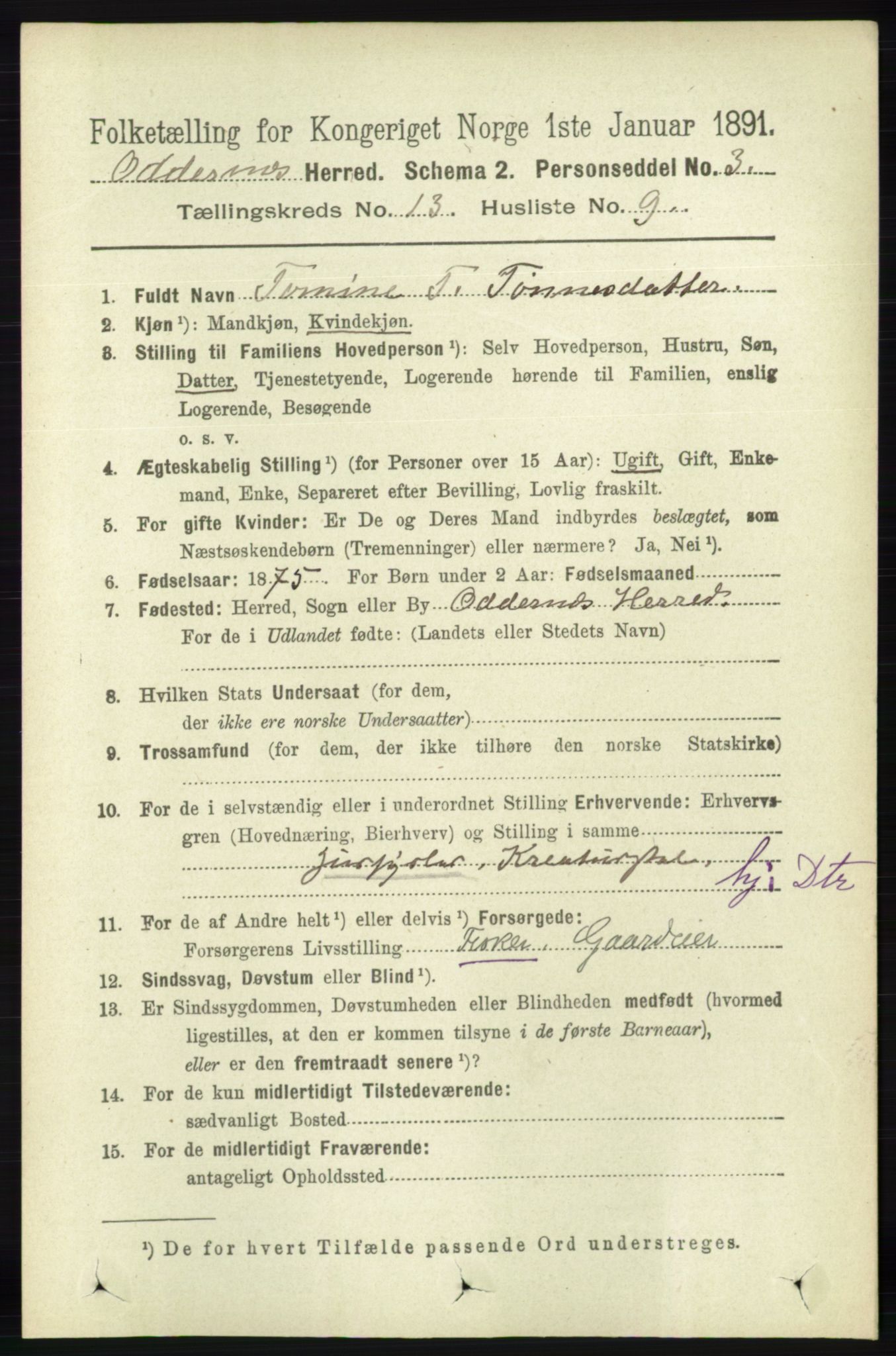 RA, 1891 census for 1012 Oddernes, 1891, p. 4689