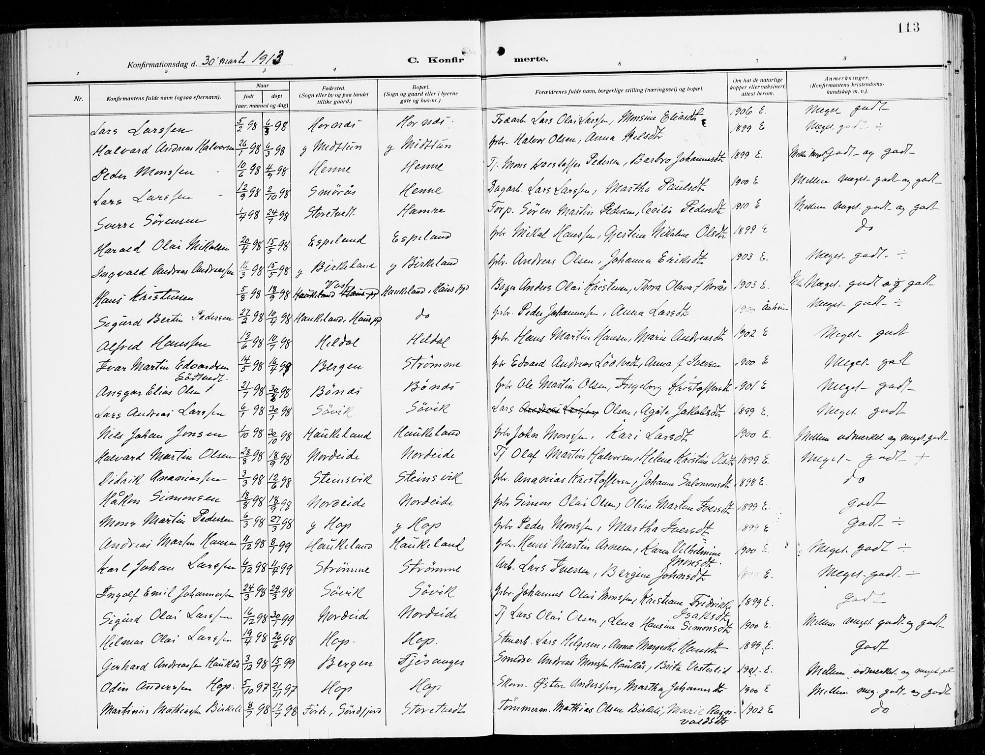 Fana Sokneprestembete, AV/SAB-A-75101/H/Haa/Haai/L0004: Parish register (official) no. I 4, 1912-1933, p. 113