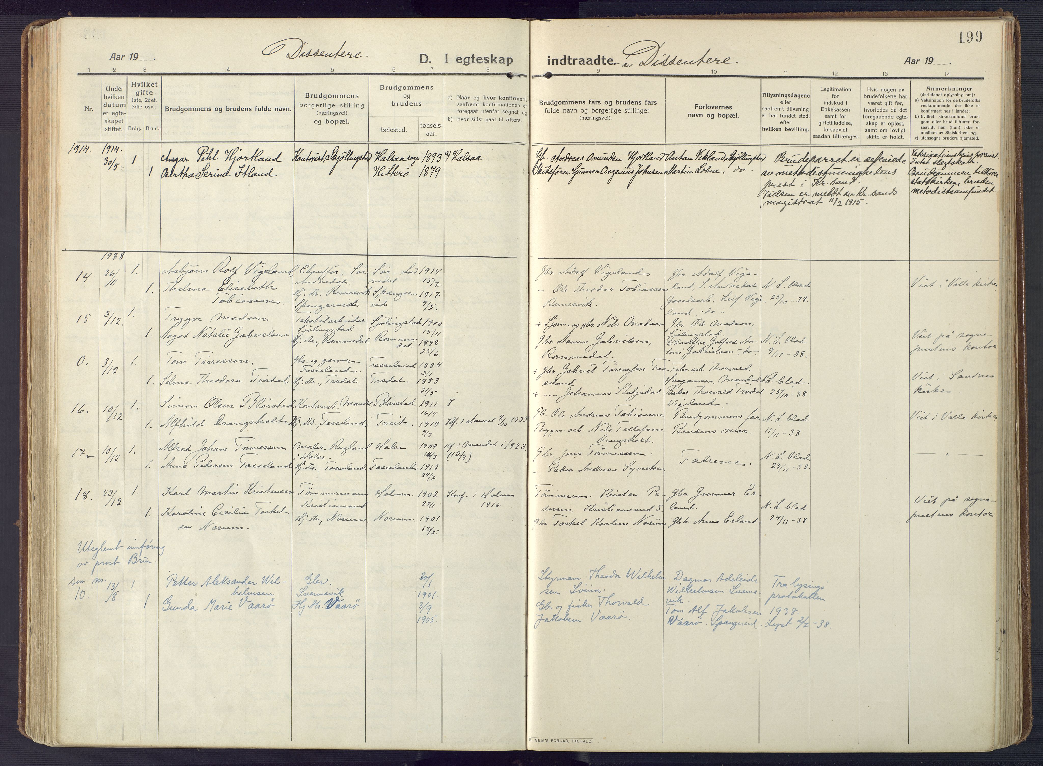 Sør-Audnedal sokneprestkontor, AV/SAK-1111-0039/F/Fa/Fab/L0011: Parish register (official) no. A 11, 1912-1938, p. 199