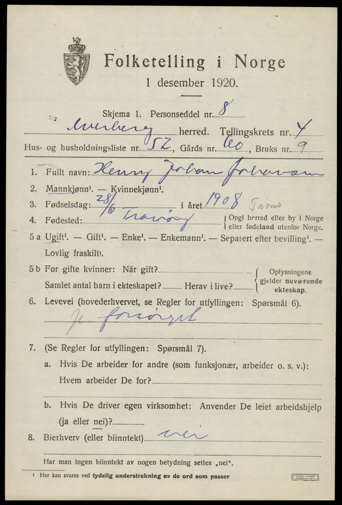 SAT, 1920 census for Dverberg, 1920, p. 5850