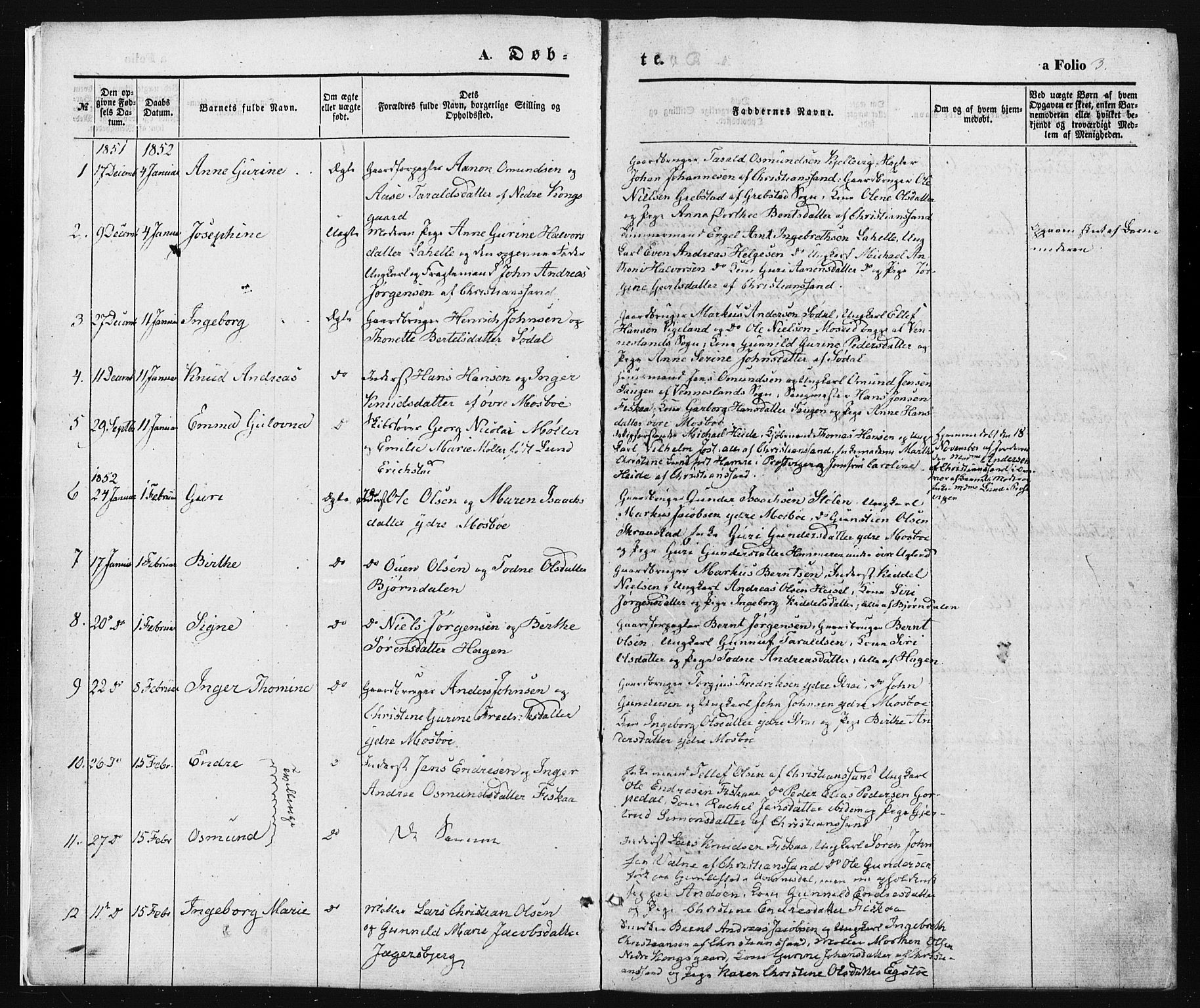 Oddernes sokneprestkontor, AV/SAK-1111-0033/F/Fa/Faa/L0007: Parish register (official) no. A 7, 1851-1863, p. 3