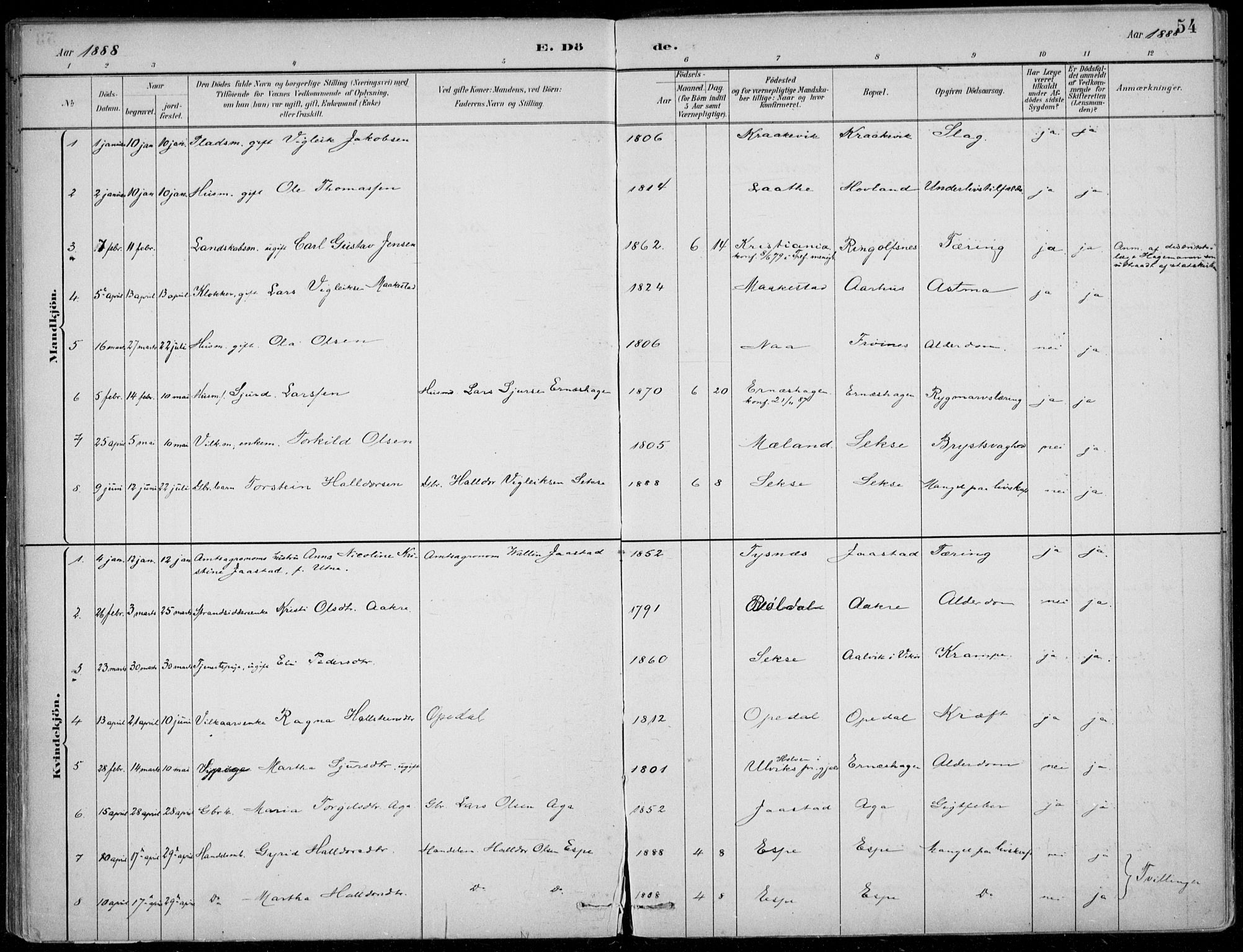 Ullensvang sokneprestembete, AV/SAB-A-78701/H/Haa: Parish register (official) no. B  3, 1882-1911, p. 54