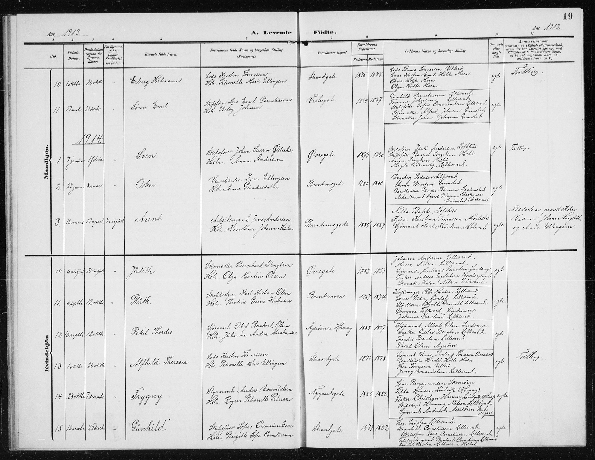 Vestre Moland sokneprestkontor, AV/SAK-1111-0046/F/Fb/Fba/L0002: Parish register (copy) no. B 2, 1904-1934, p. 19