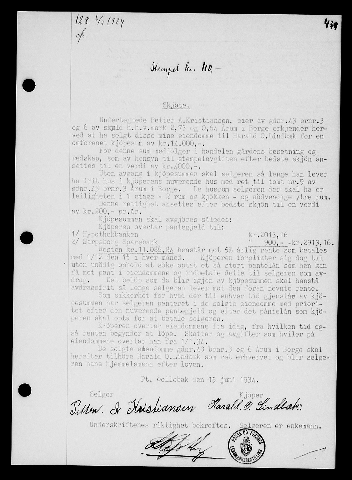 Tune sorenskriveri, SAO/A-10470/G/Gb/Gbb/L0004: Mortgage book no. II 20-24, 1933-1935, Deed date: 06.07.1934
