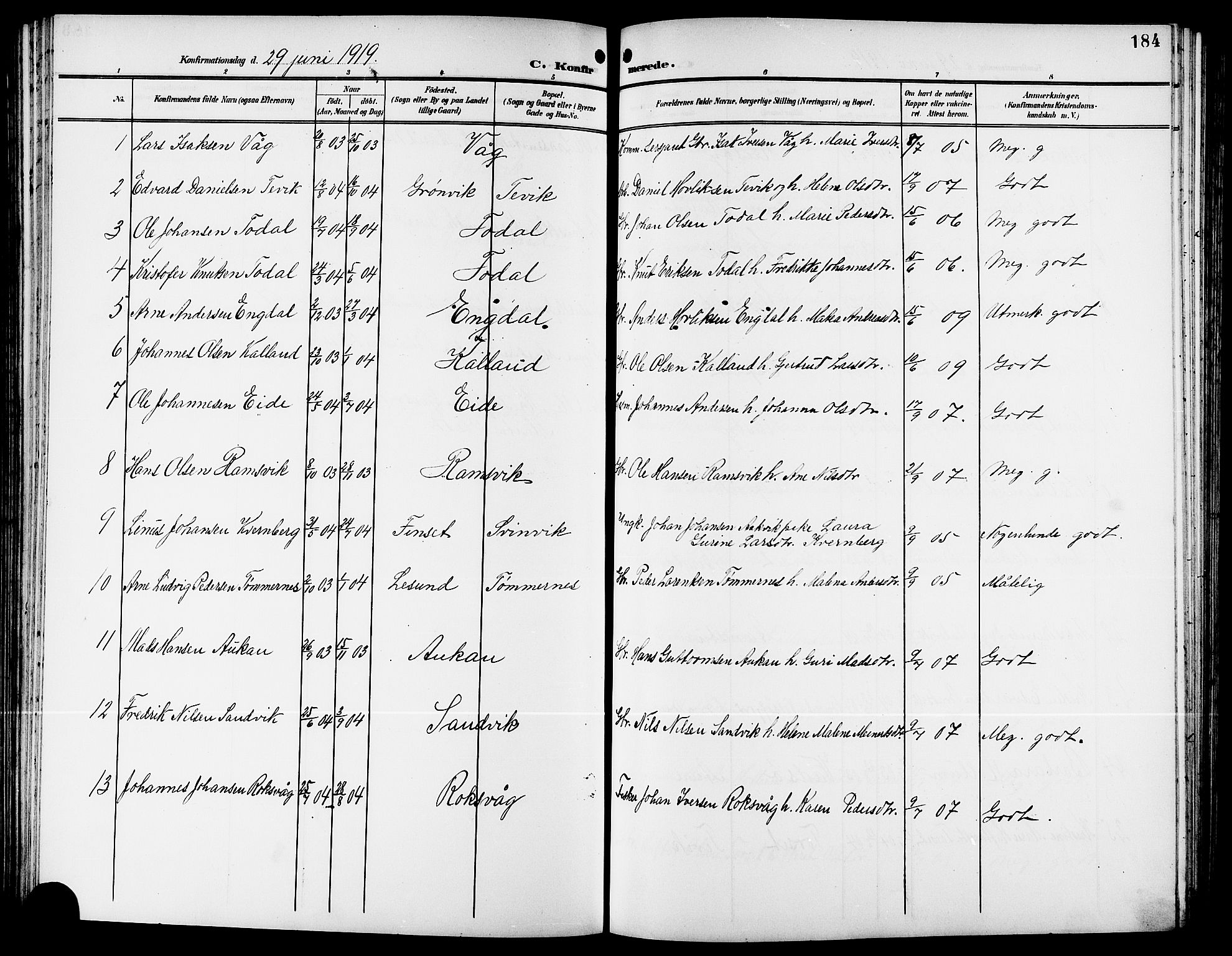 Ministerialprotokoller, klokkerbøker og fødselsregistre - Møre og Romsdal, AV/SAT-A-1454/578/L0910: Parish register (copy) no. 578C03, 1900-1921, p. 184