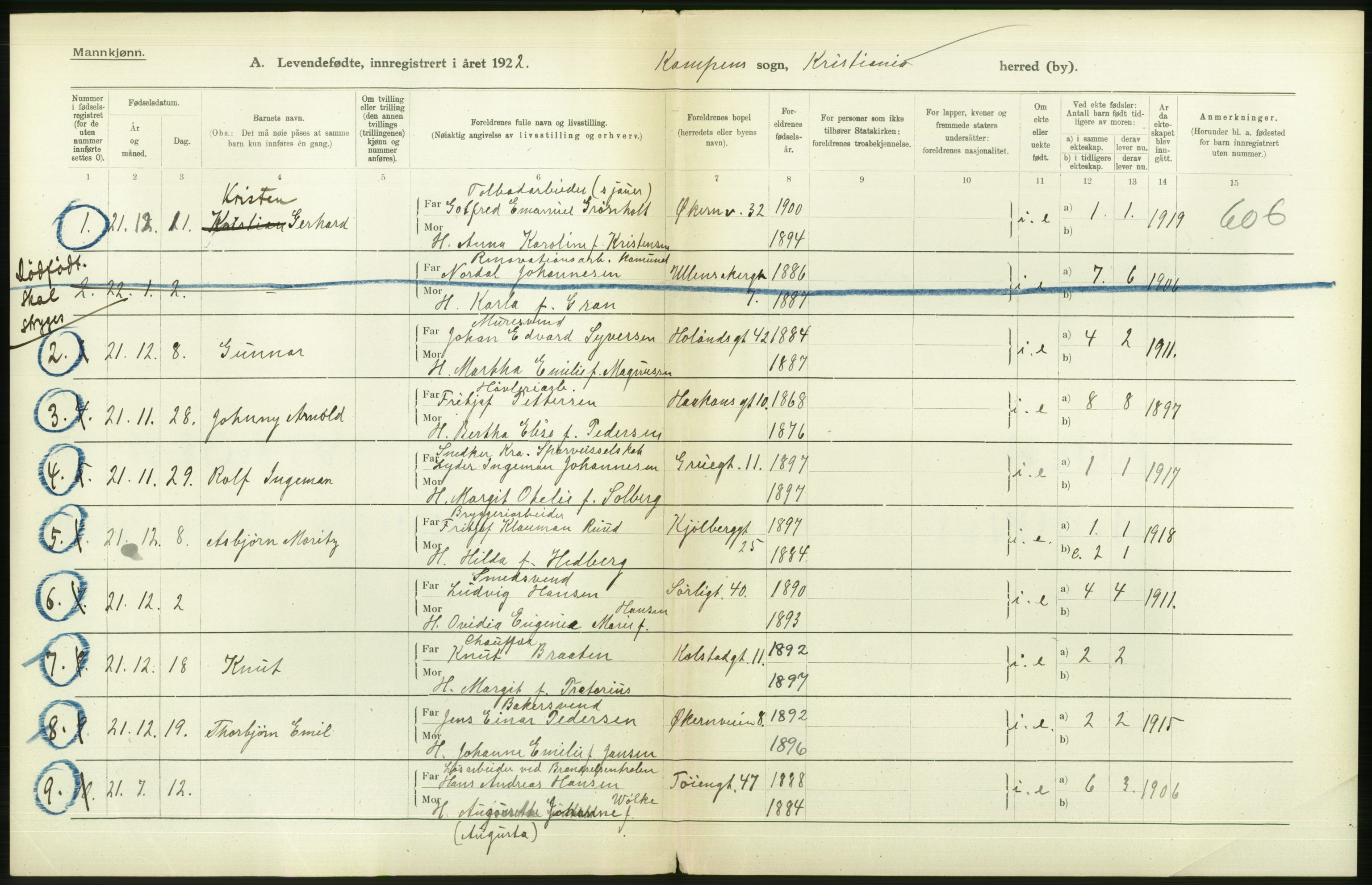 Statistisk sentralbyrå, Sosiodemografiske emner, Befolkning, AV/RA-S-2228/D/Df/Dfc/Dfcb/L0007: Kristiania: Levendefødte menn og kvinner., 1922, p. 566