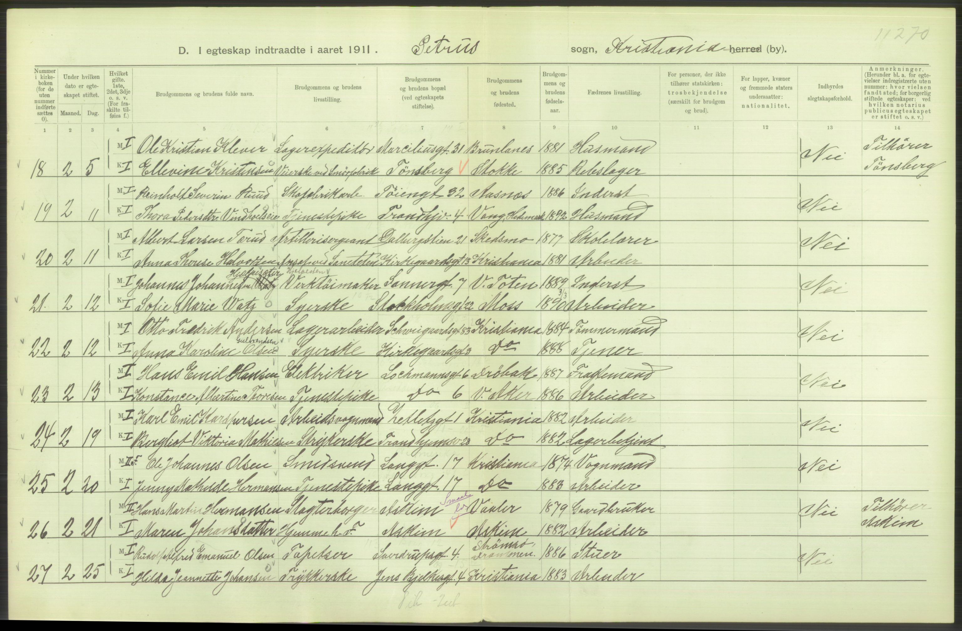 Statistisk sentralbyrå, Sosiodemografiske emner, Befolkning, AV/RA-S-2228/D/Df/Dfb/Dfba/L0008: Kristiania: Gifte, 1911, p. 6