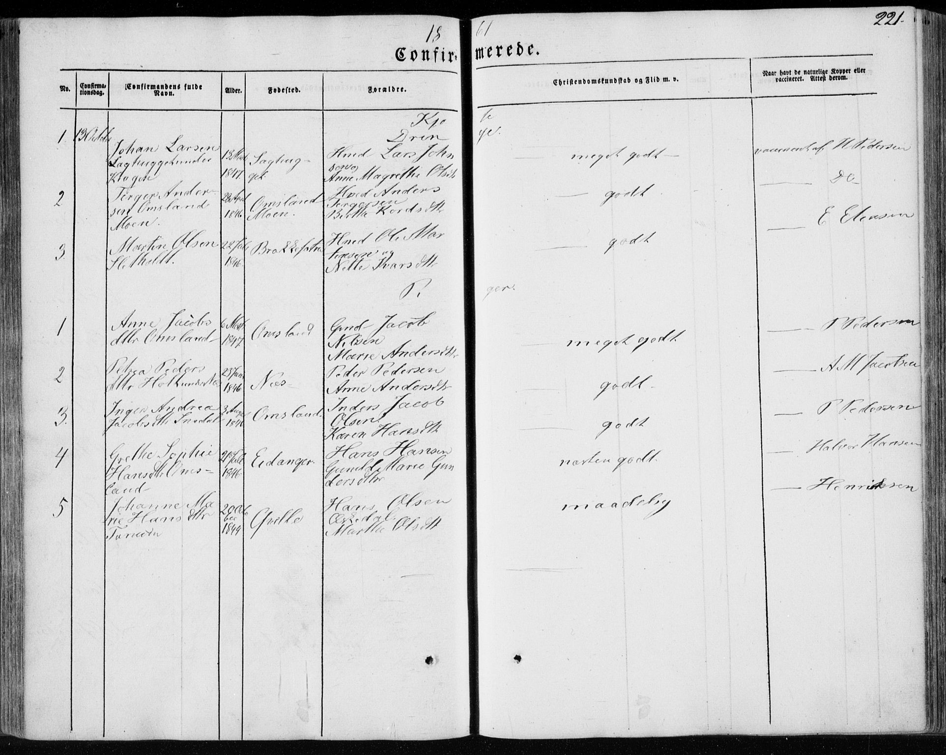 Brunlanes kirkebøker, AV/SAKO-A-342/F/Fa/L0004: Parish register (official) no. I 4, 1846-1862, p. 221