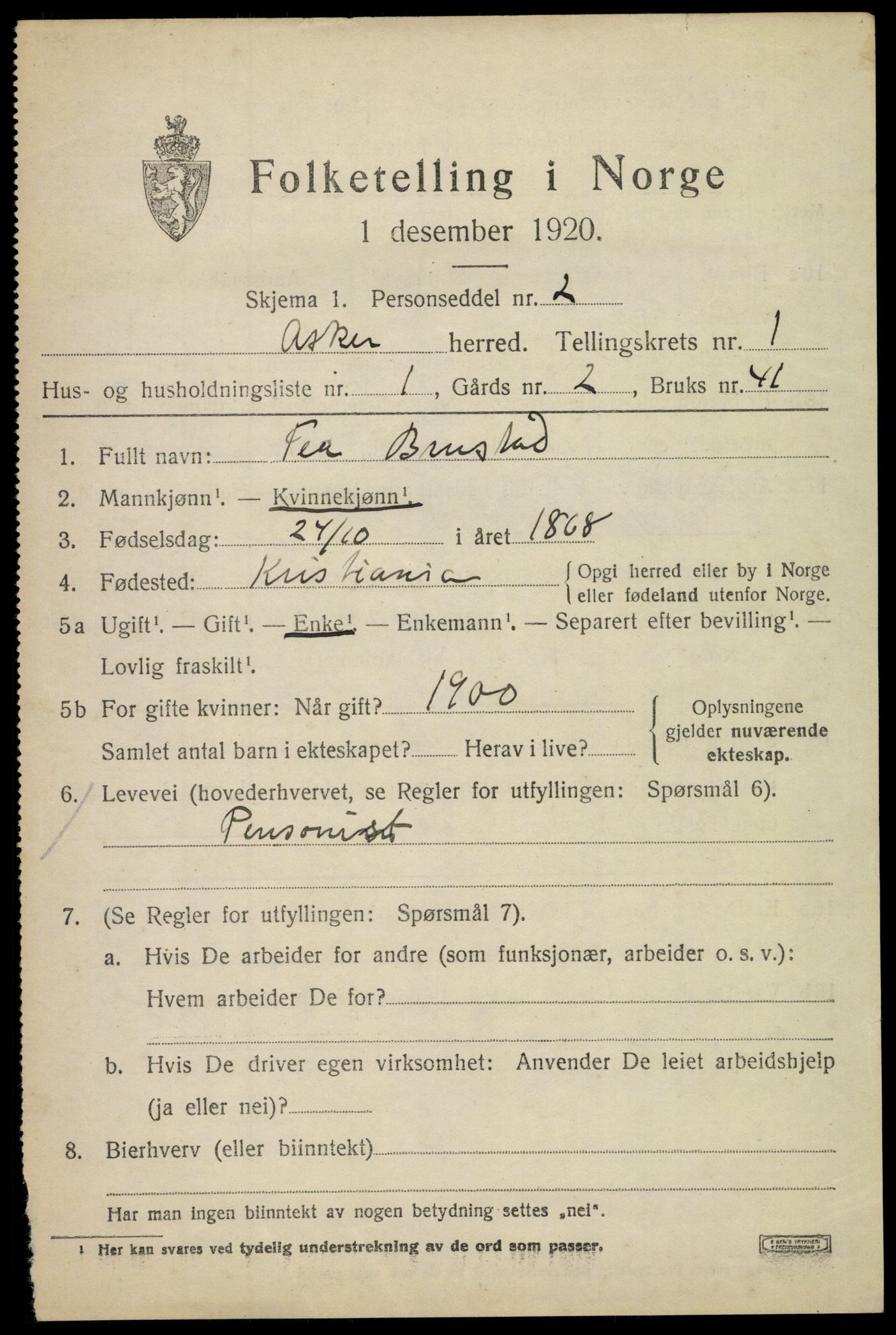 SAO, 1920 census for Asker, 1920, p. 2300