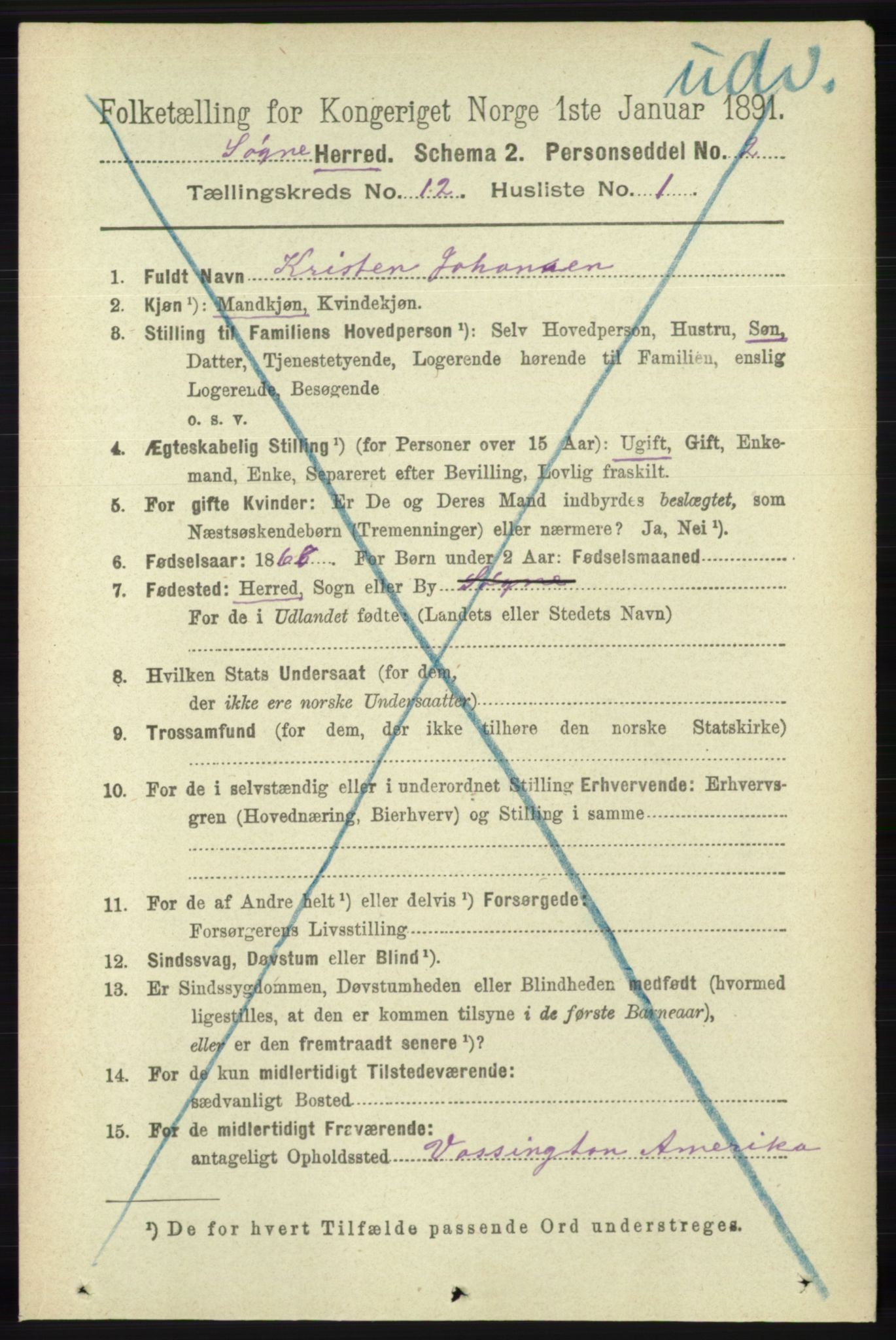 RA, 1891 census for 1018 Søgne, 1891, p. 3122