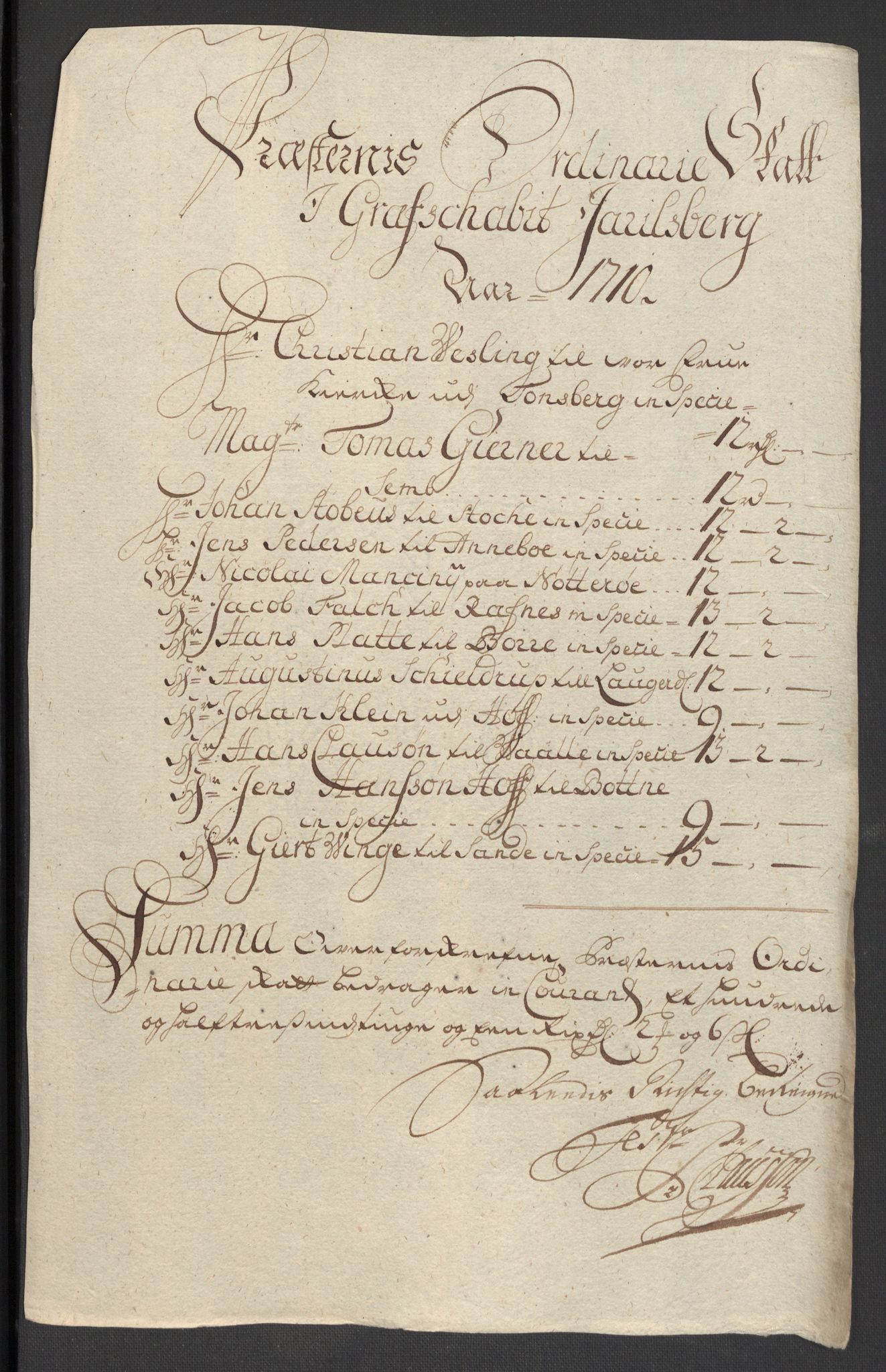 Rentekammeret inntil 1814, Reviderte regnskaper, Fogderegnskap, AV/RA-EA-4092/R32/L1875: Fogderegnskap Jarlsberg grevskap, 1710, p. 153